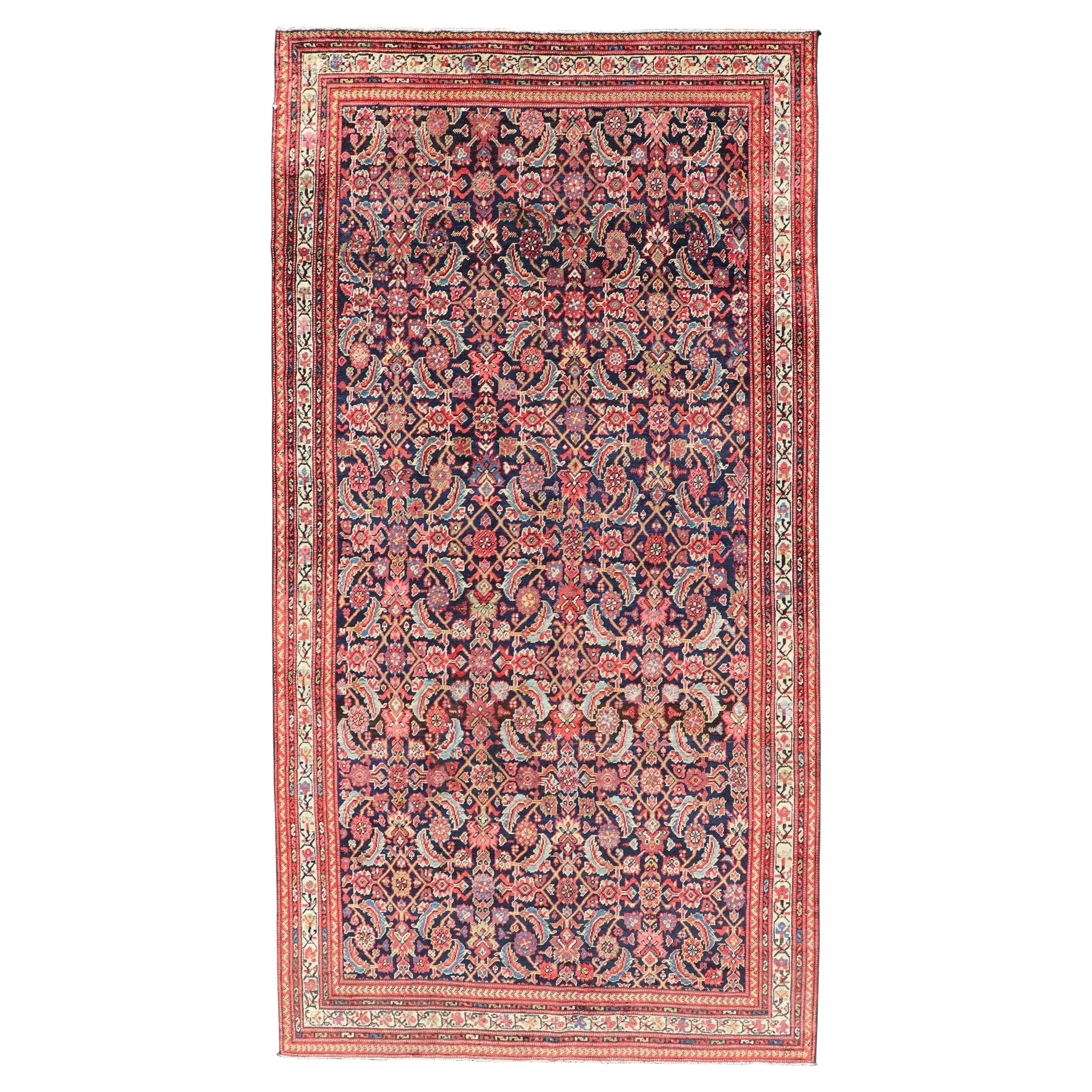 Tapis persan ancien Malayer avec tous les motifs Herati en bleu et rouge