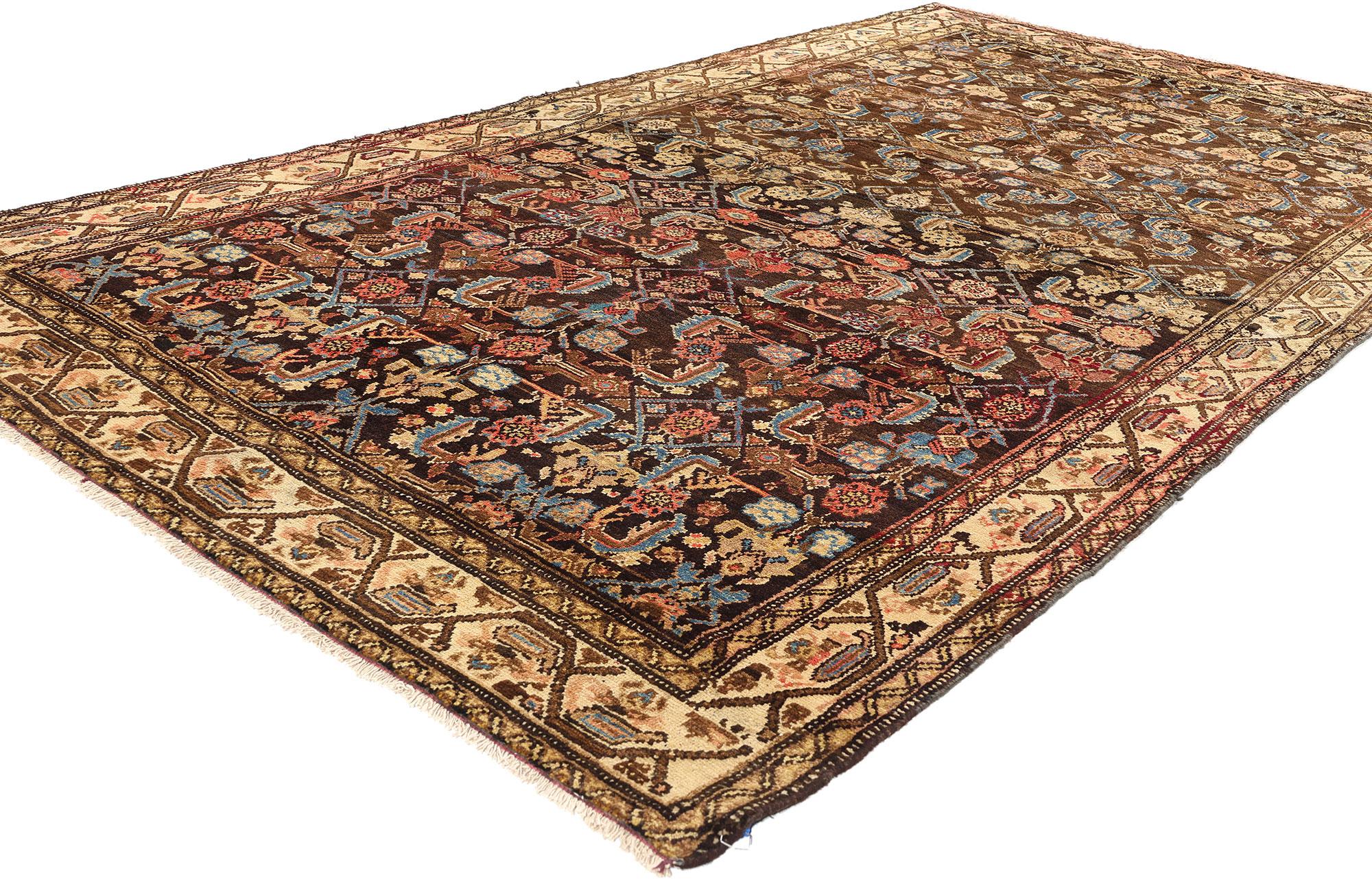53761 Antique Brown Persian Malayer Rug, 05'01 x 09'02. Antique-washed Persian Malayer rugs have undergone a special washing process to soften colors with earth-tone colors such as warm browns, muted greens, soft blues, and creamy beiges, giving