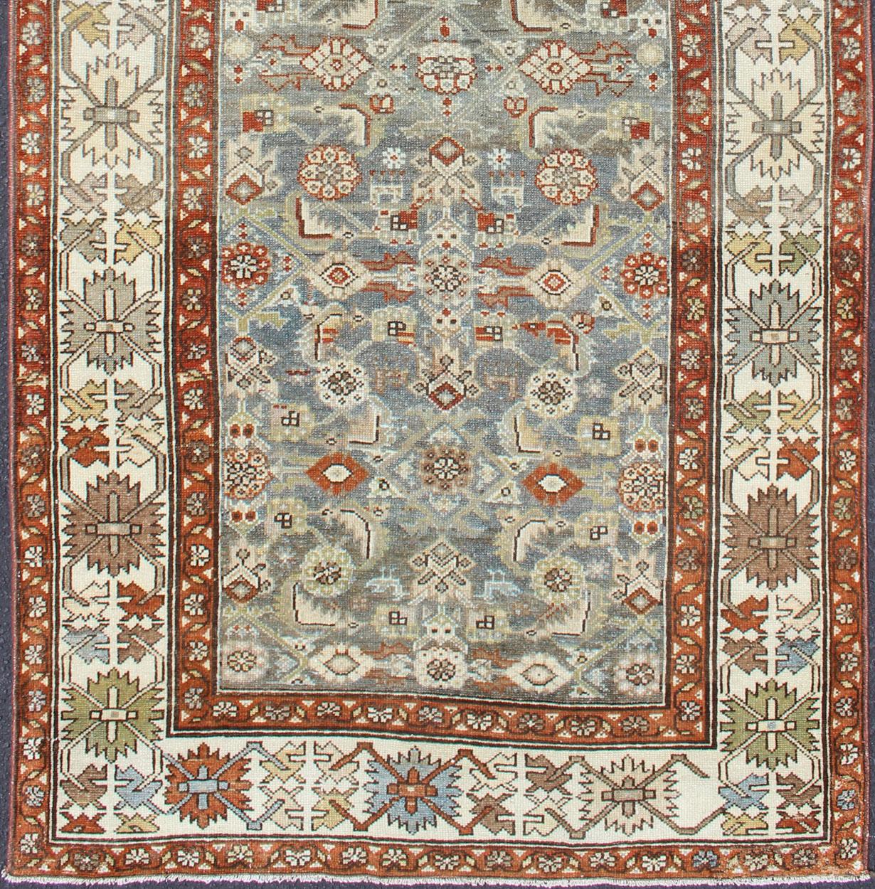 Hand-Knotted Antique Persian Malayer Rug with All-Over Tribal Design in Gray Background For Sale