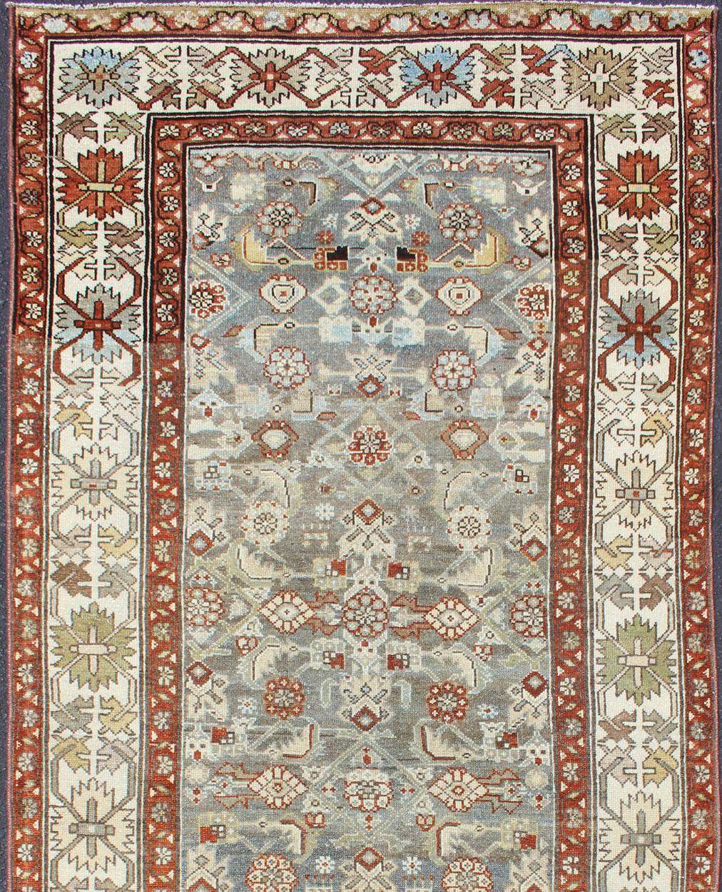 Antique Persian Malayer Rug with All-Over Tribal Design in Gray Background In Good Condition For Sale In Atlanta, GA