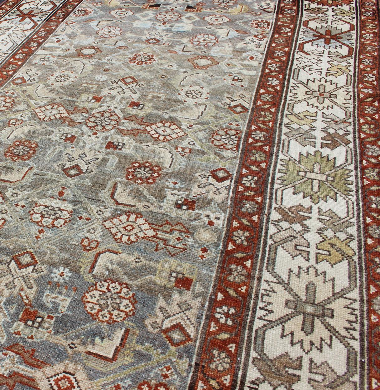 20th Century Antique Persian Malayer Rug with All-Over Tribal Design in Gray Background For Sale