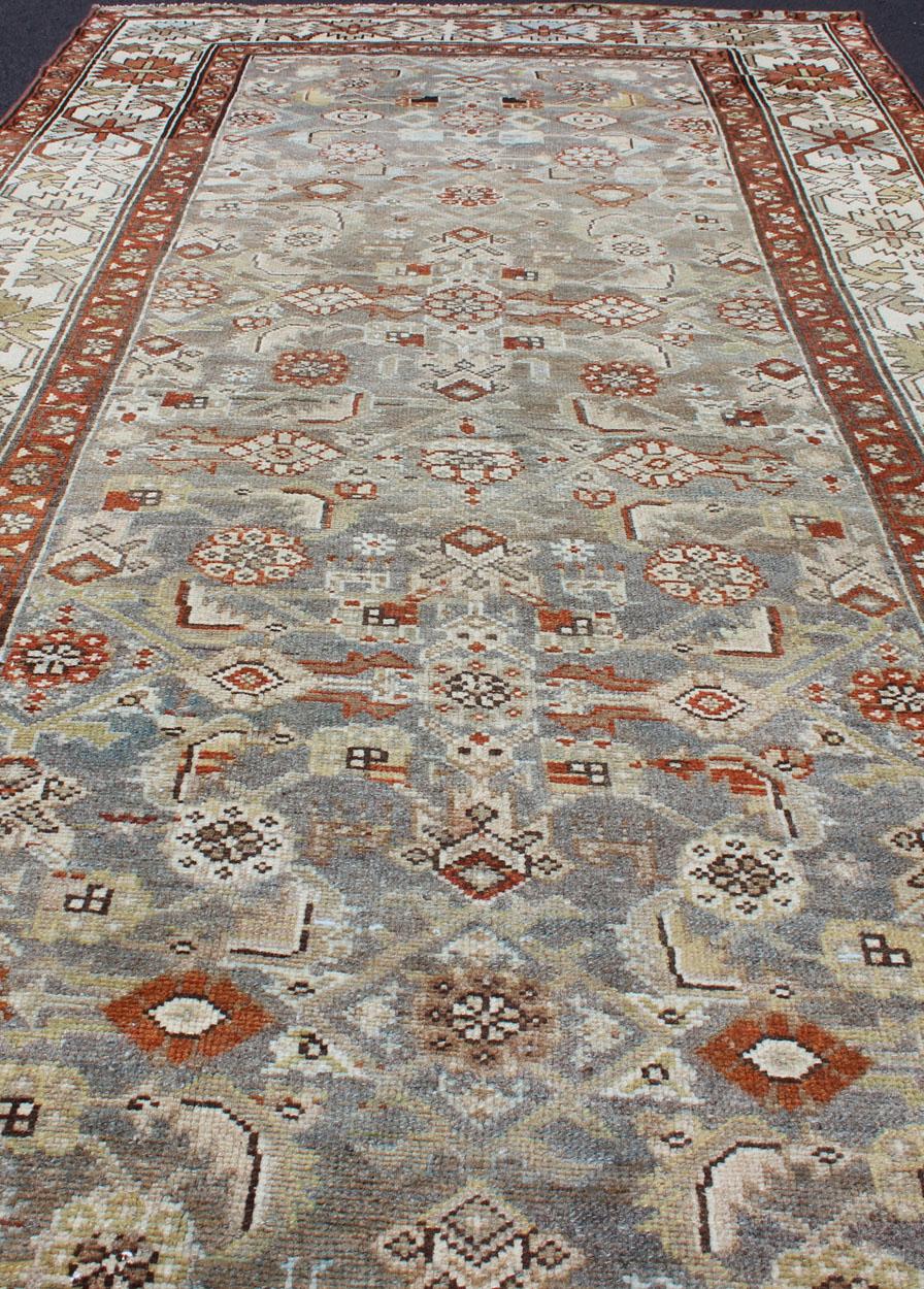 Wool Antique Persian Malayer Rug with All-Over Tribal Design in Gray Background For Sale