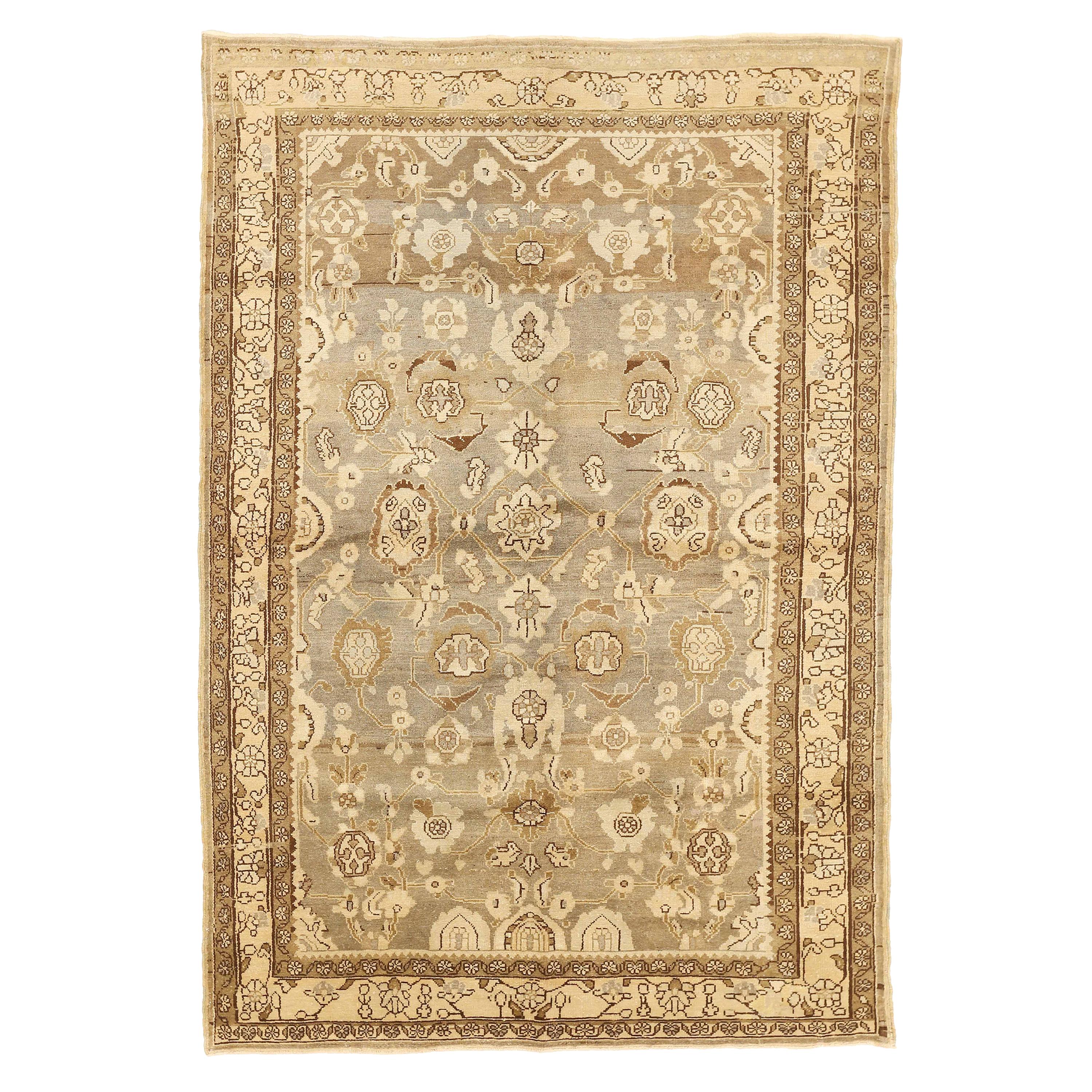 Antique Persian Malayer Rug with Beige and Brown Botanical Details on Gray Field For Sale