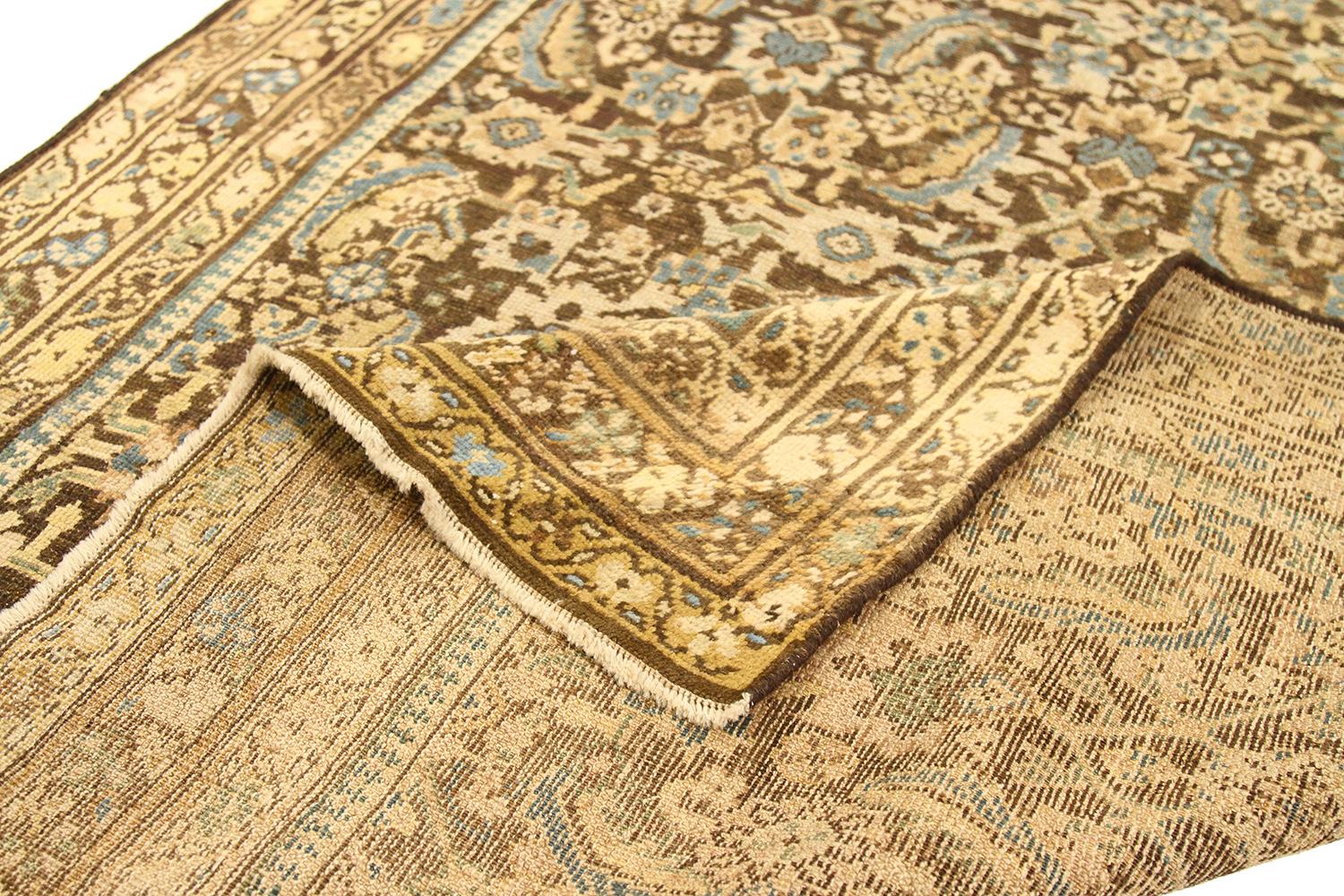 Hand-Woven Antique Persian Malayer Rug with Beige & Blue Floral Details on Brown Field For Sale
