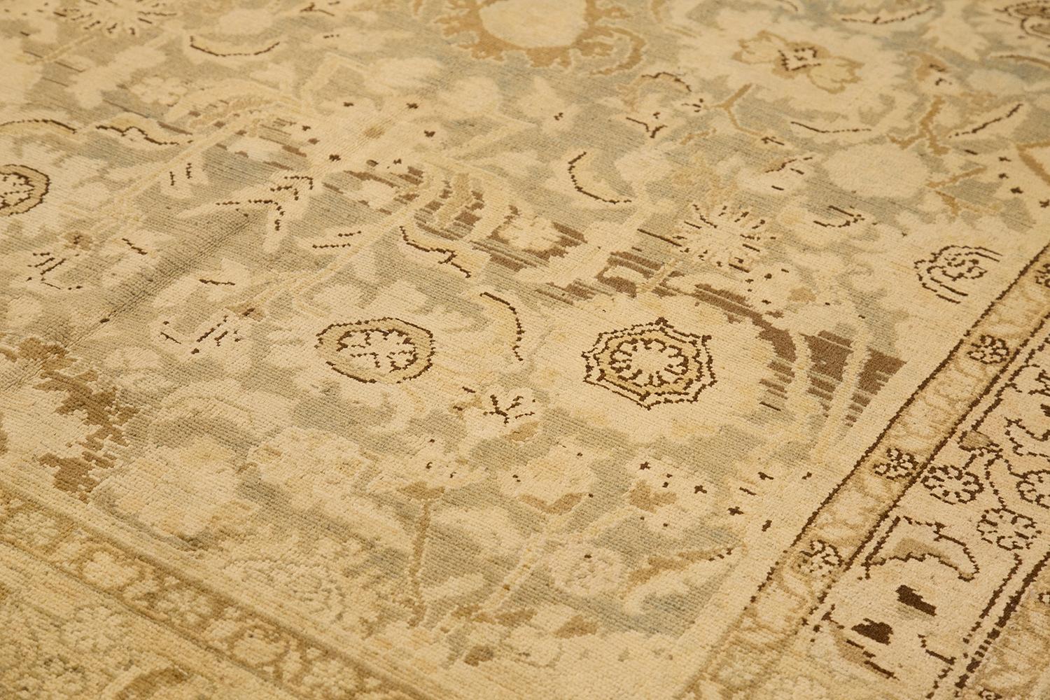 Hand-Woven Antique Persian Malayer Rug with Beige & Brown Botanical Details on Ivory Field For Sale