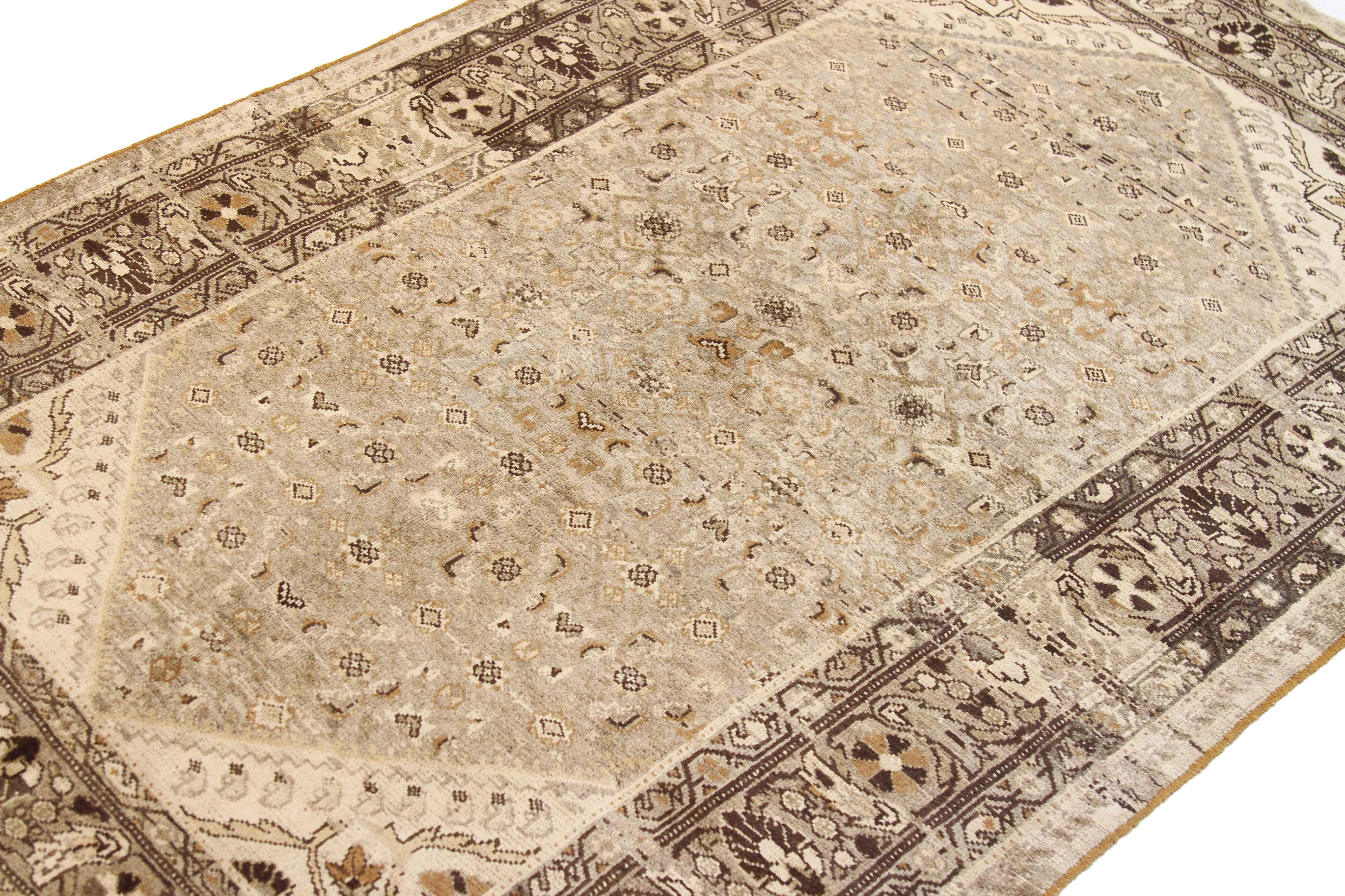 Hand-Woven Antique Persian Malayer Rug with Beige and Brown Floral Details All-Over For Sale