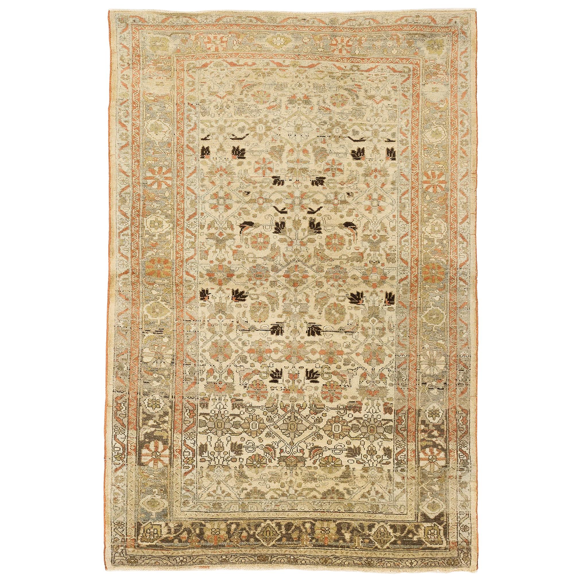 Antique Persian Malayer Rug with Black and Green Flower Details on Ivory Field