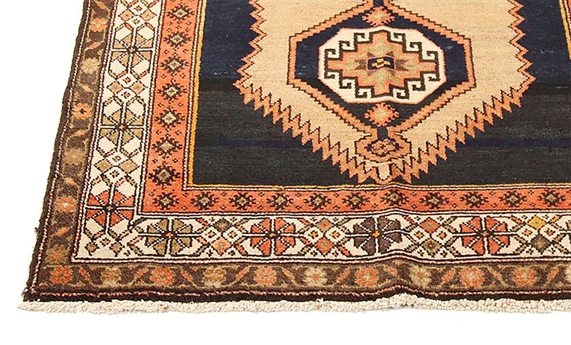 Hand-Woven Antique Persian Malayer Rug with Black and Beige Geometric Medallions For Sale