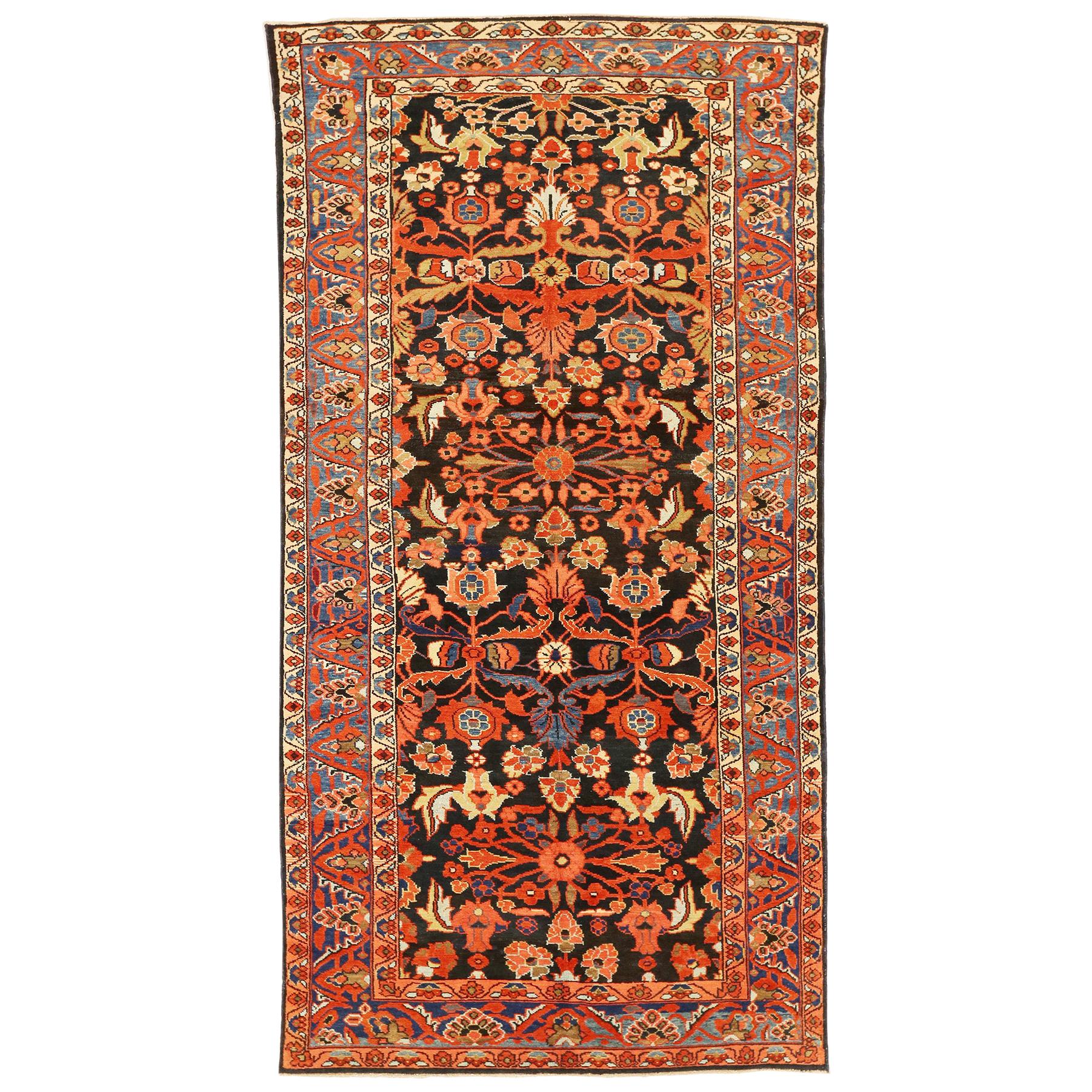 Antique Persian Malayer Rug with Blue and Red Floral Details on Ivory Field