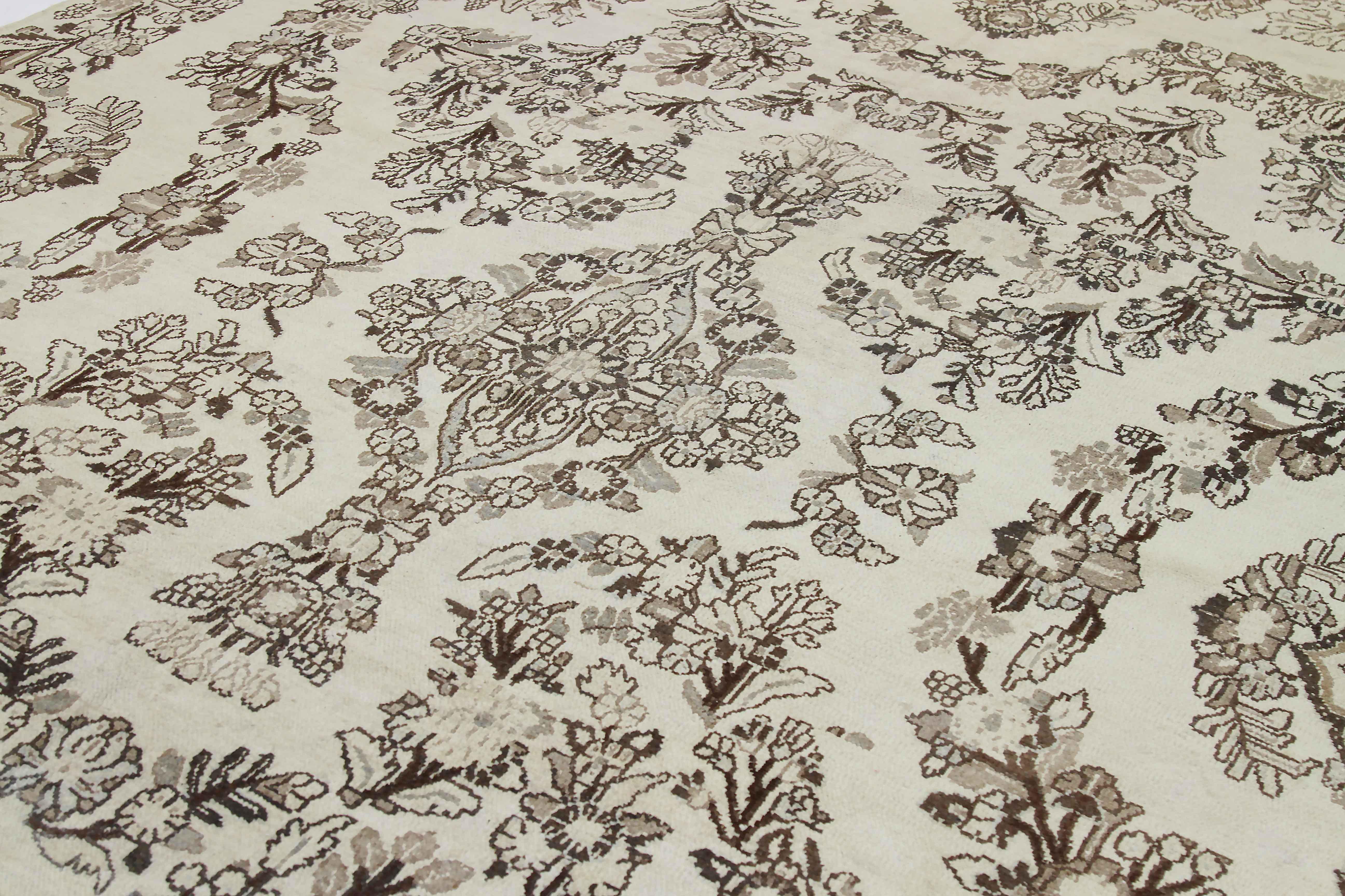 Hand-Woven Antique Persian Malayer Rug with Botanical Details on an Ivory Field For Sale