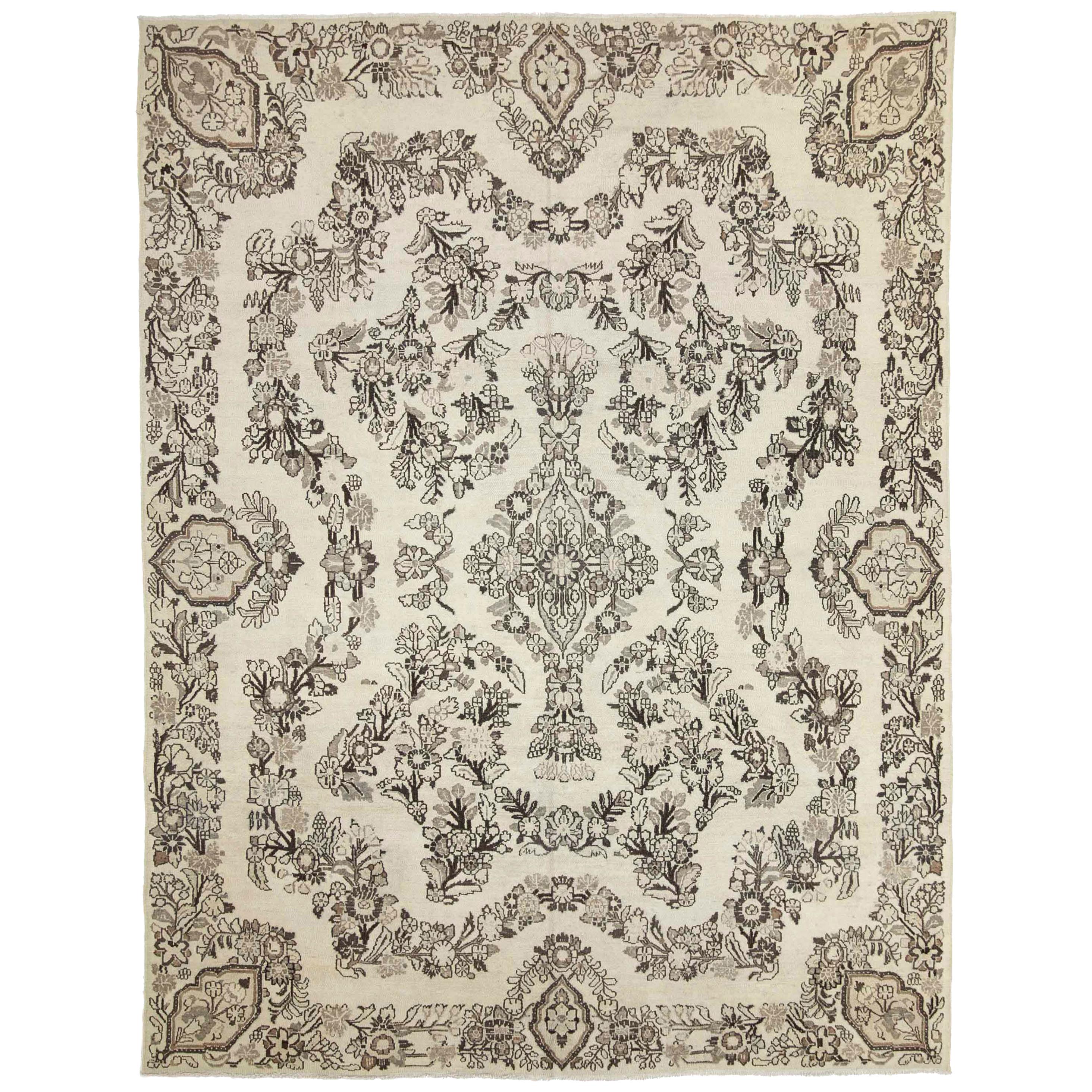 Antique Persian Malayer Rug with Botanical Details on an Ivory Field