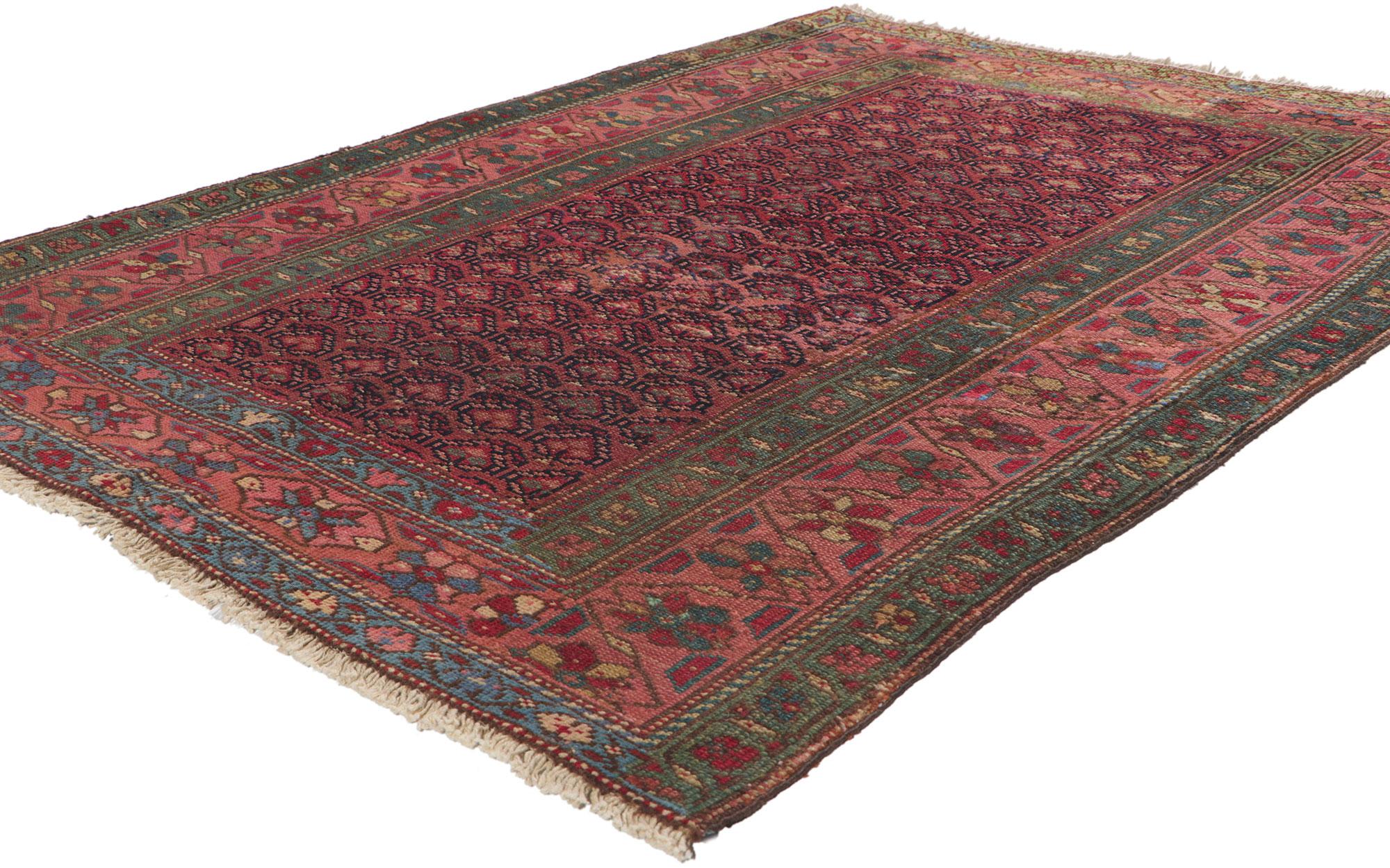 61113 Antique Persian Malayer Rug, 03'09 x 05'01. Emanating timeless style with incredible detail and texture, this hand knotted wool antique Persian rug is a captivating vision of woven beauty. The eye-catching boteh pattern and saturated color