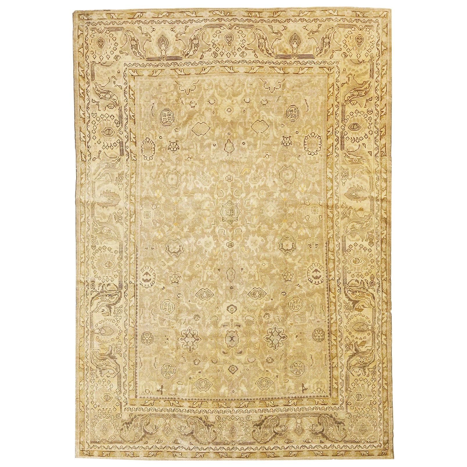 Antique Persian Malayer Rug with Brown and Beige Flower Motifs on Ivory Field