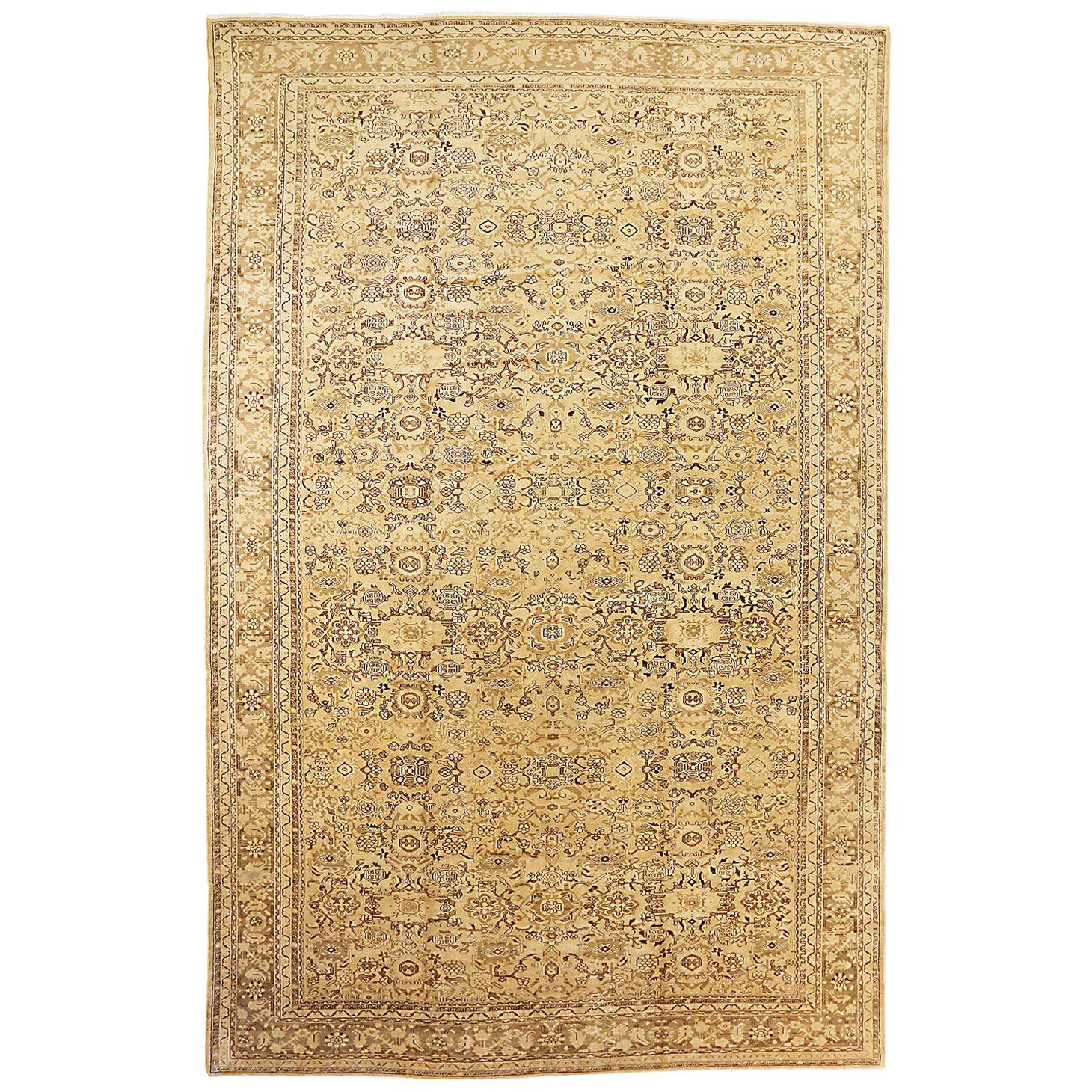 Antique Persian Malayer Rug with Brown and Black Floral Details on Ivory Field
