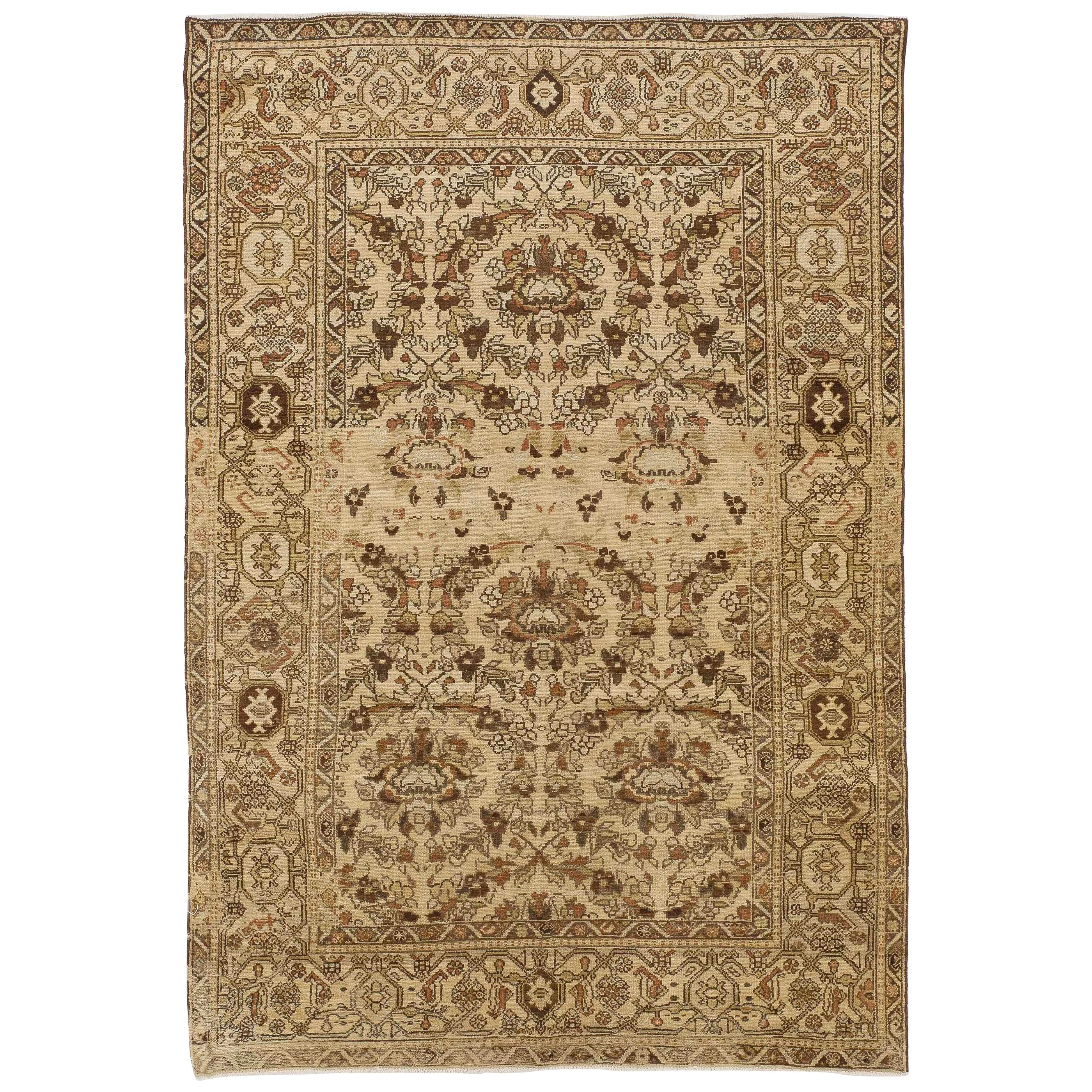Antique Persian Malayer Rug with Brown and Black Floral Details on Ivory Field