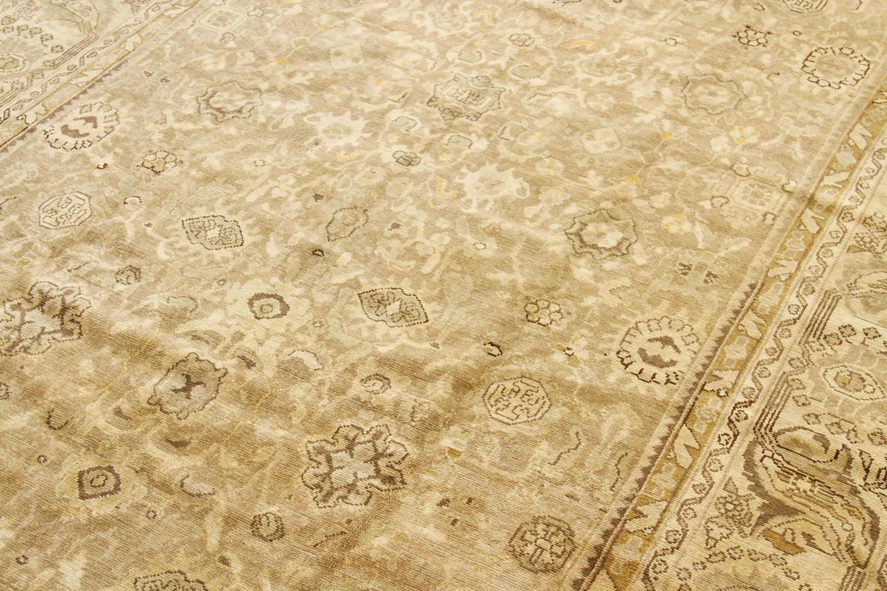 Hand-Woven Antique Persian Malayer Rug with Brown and Beige Flower Motifs on Ivory Field For Sale
