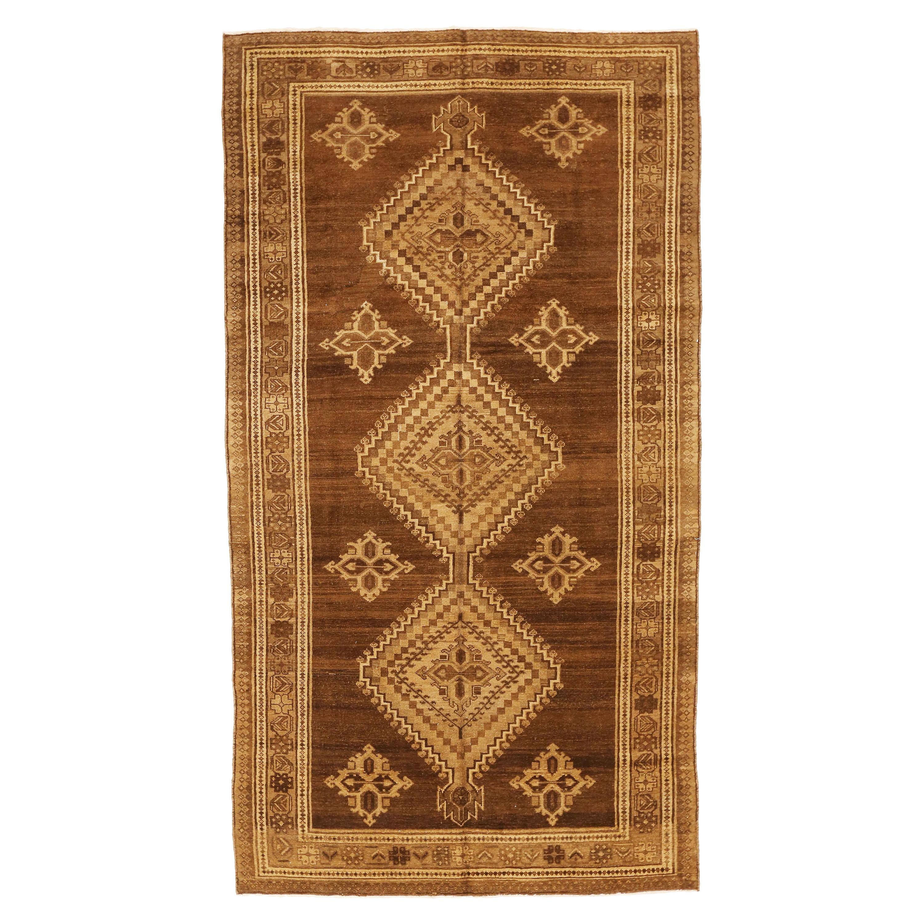 Antigua Alfombra Persa Malayer con Medallones Marrones y Beige