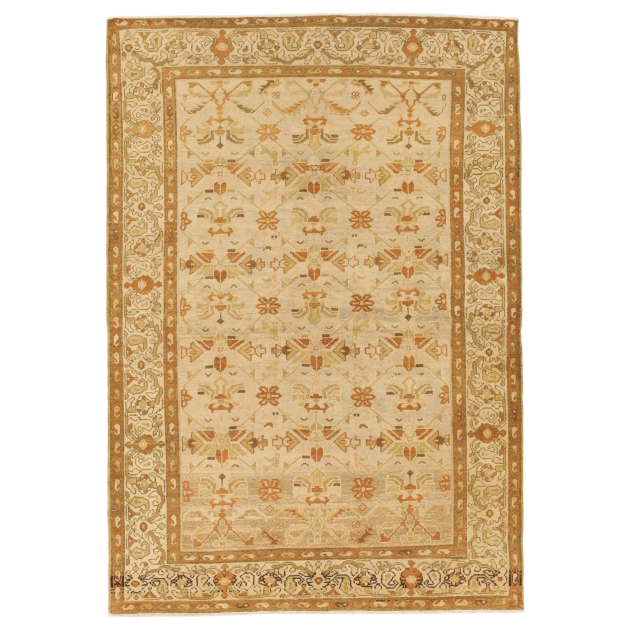 Antique Persian Malayer Rug with Brown and Beige Tribal Motifs on Ivory Field For Sale