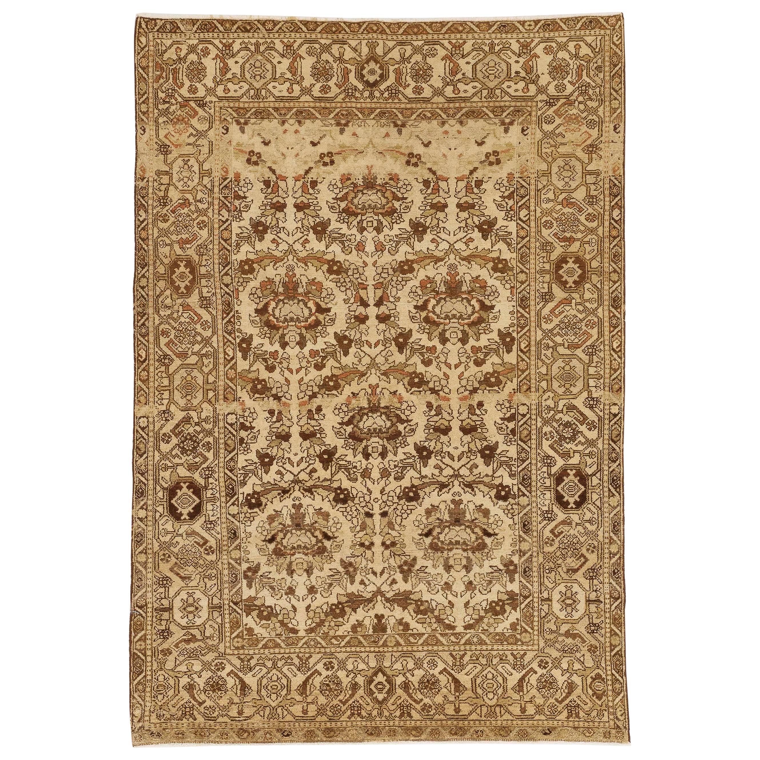 Antique Persian Malayer Rug with Brown & Black Botanical Details on Beige Field For Sale