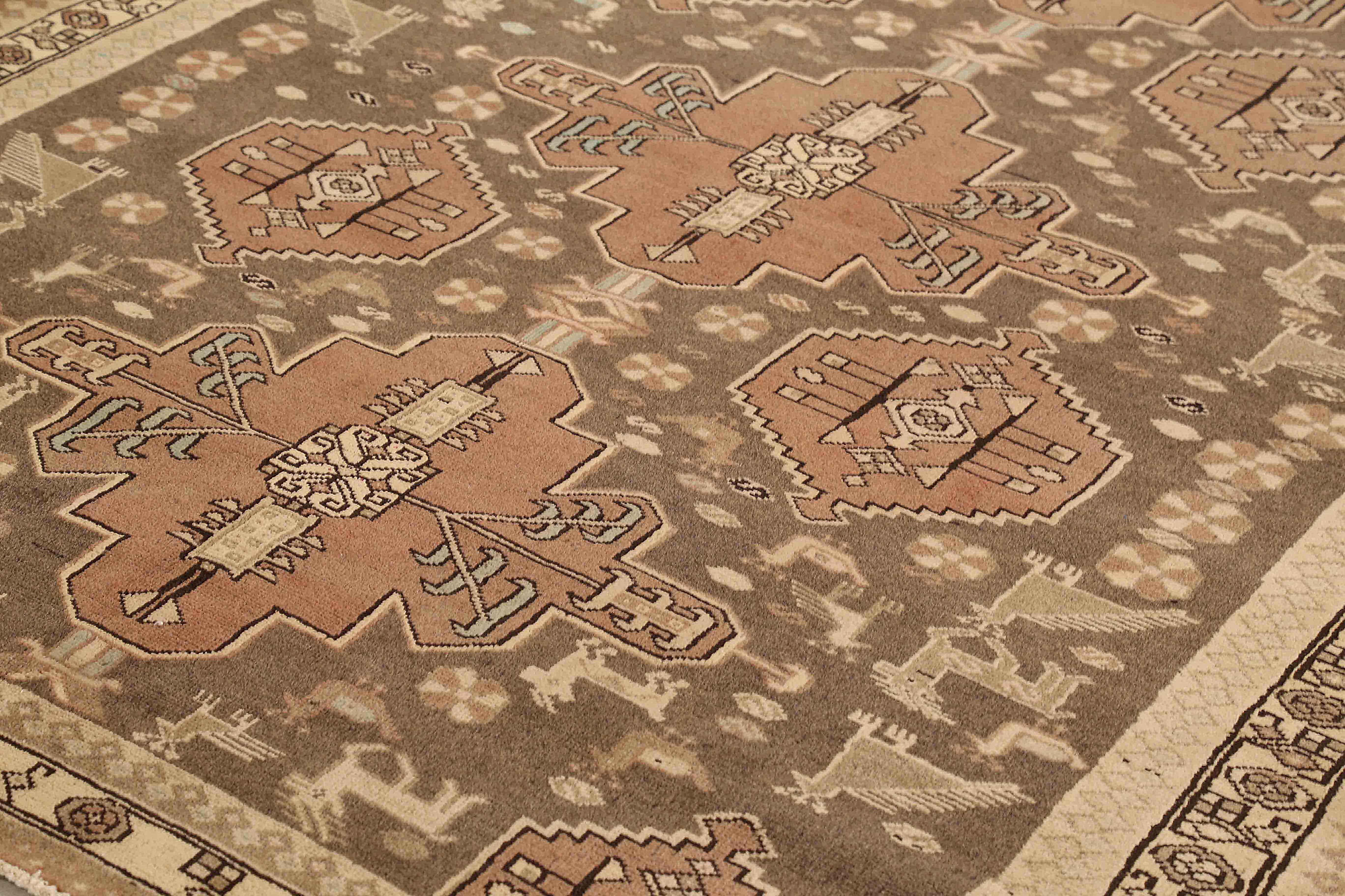 Hand-Woven Antique Persian Malayer Rug with Brown & Black Tribal Medallions on Beige Field For Sale