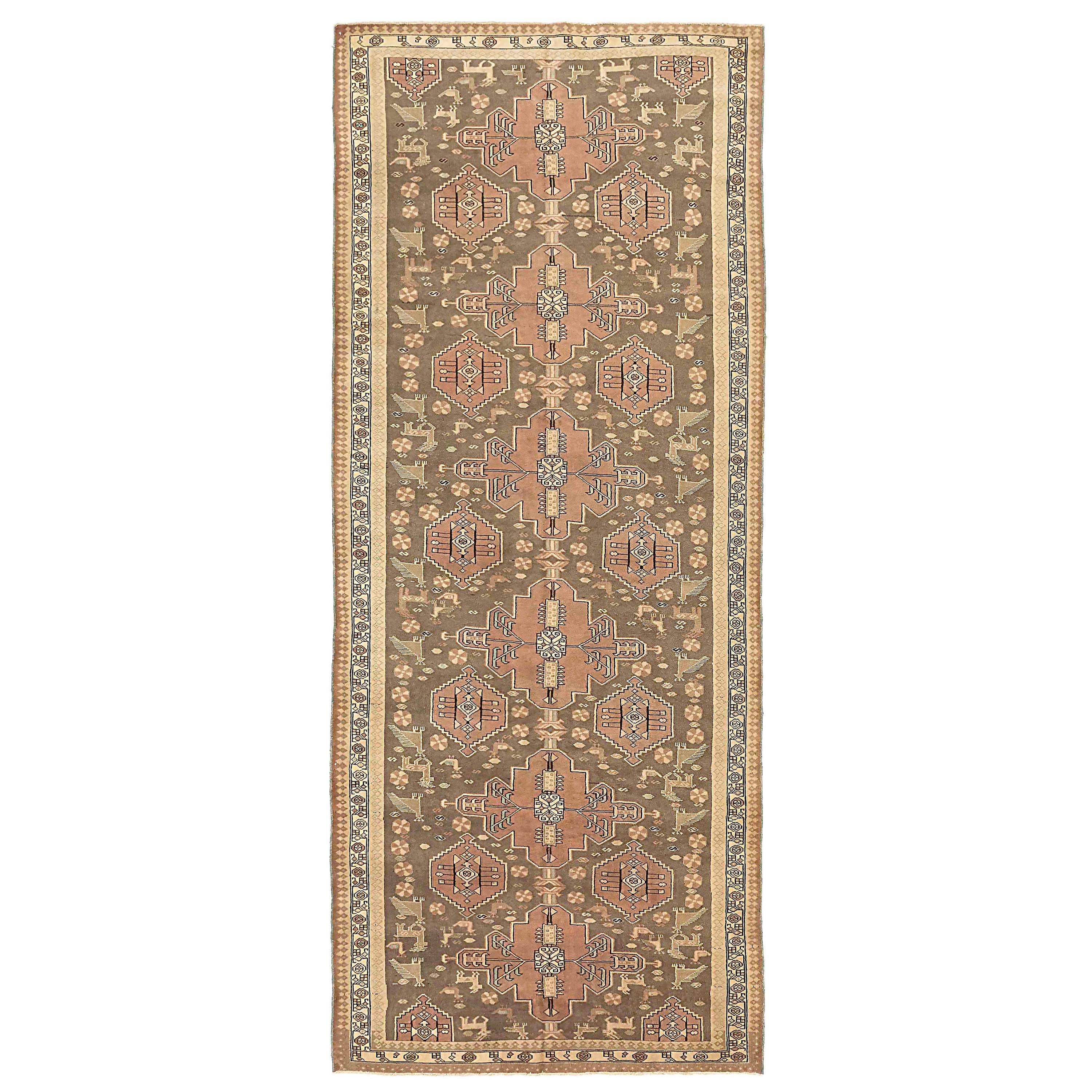 Antique Persian Malayer Rug with Brown & Black Tribal Medallions on Beige Field For Sale