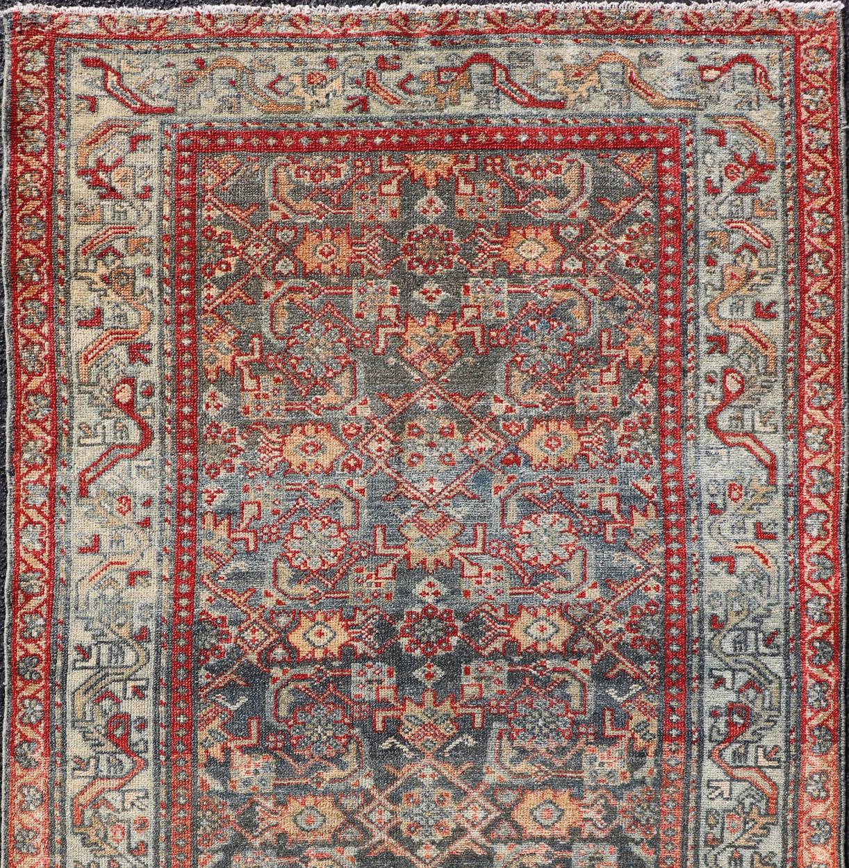 Antique Persian Malayer rug with colorful geometric design in gray, blue and red, rug EN-137, country of origin / type: Iran / Malayer, circa 1910.

This antique Persian Malayer rug (circa early 20th century) features a unique blend of colors and