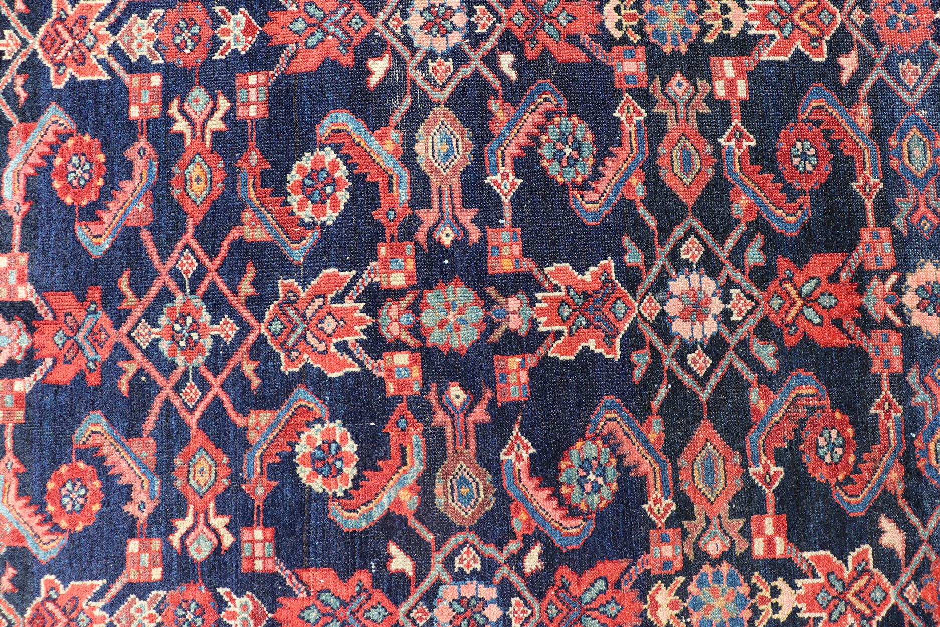 Antique Persian Malayer Rug with Colorful Geometric All-Over Design in Dark Blue For Sale 4