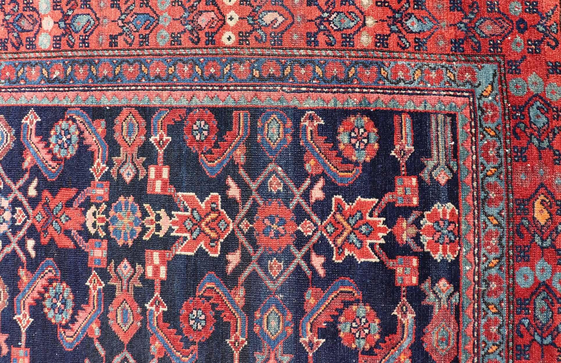 Antique Persian Malayer Rug with Colorful Geometric All-Over Design in Dark Blue For Sale 5