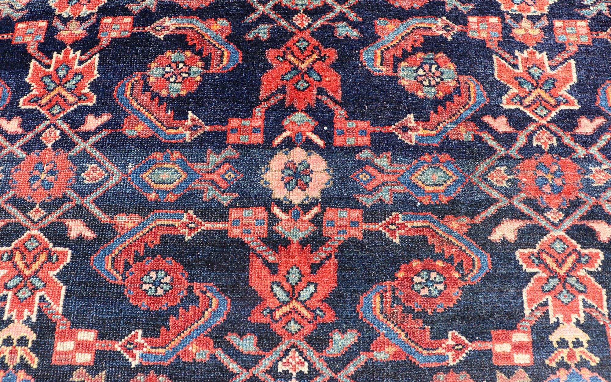 Antique Persian Malayer Rug with Colorful Geometric All-Over Design in Dark Blue For Sale 6