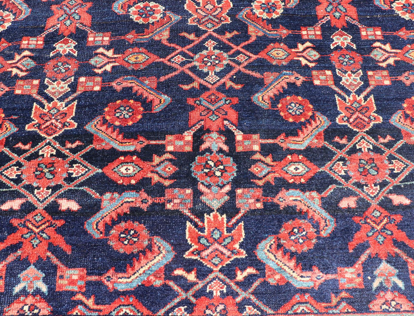 Antique Persian Malayer Rug with Colorful Geometric All-Over Design in Dark Blue For Sale 7