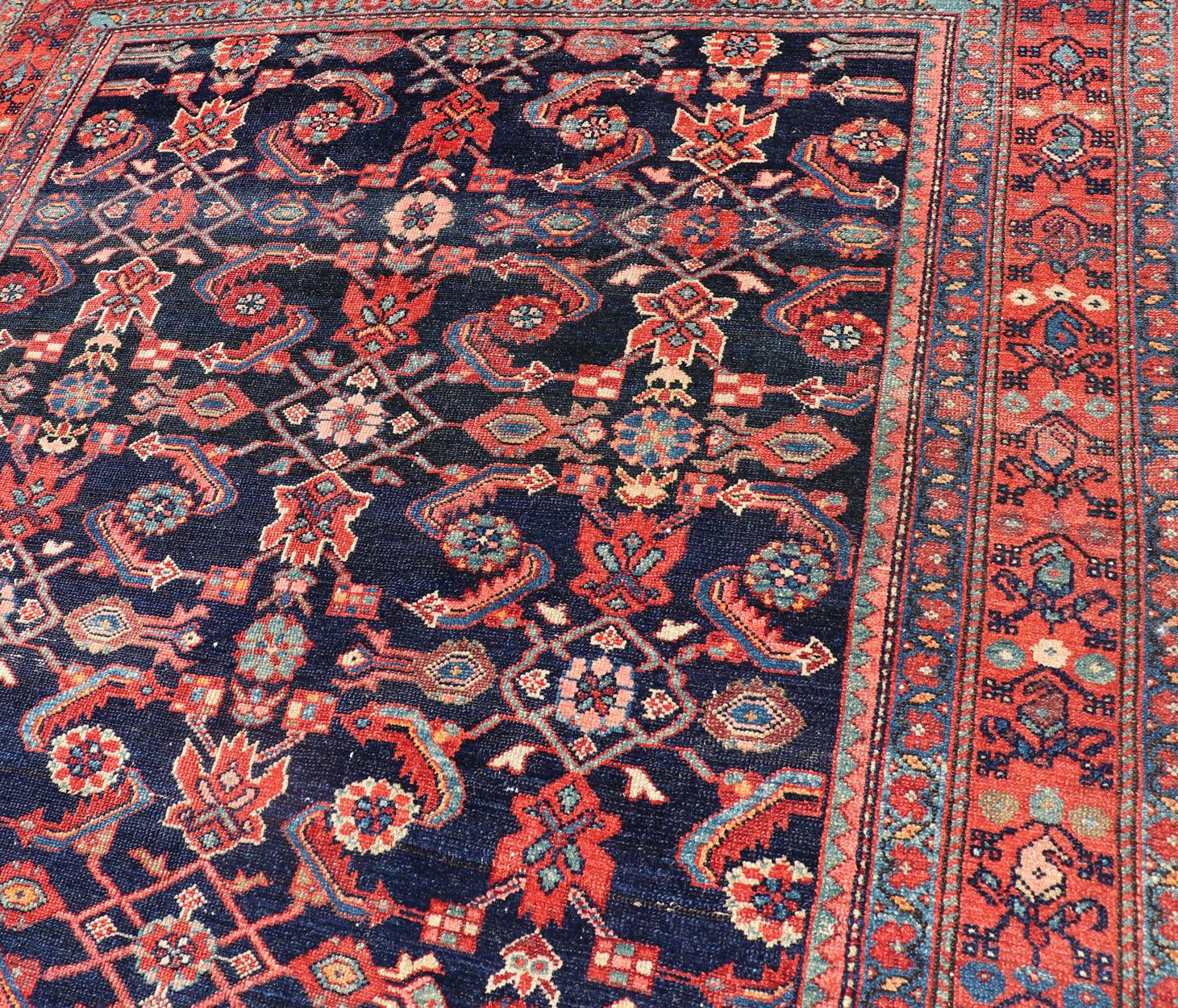 Antique Persian Malayer Rug with Colorful Geometric All-Over Design in Dark Blue For Sale 9