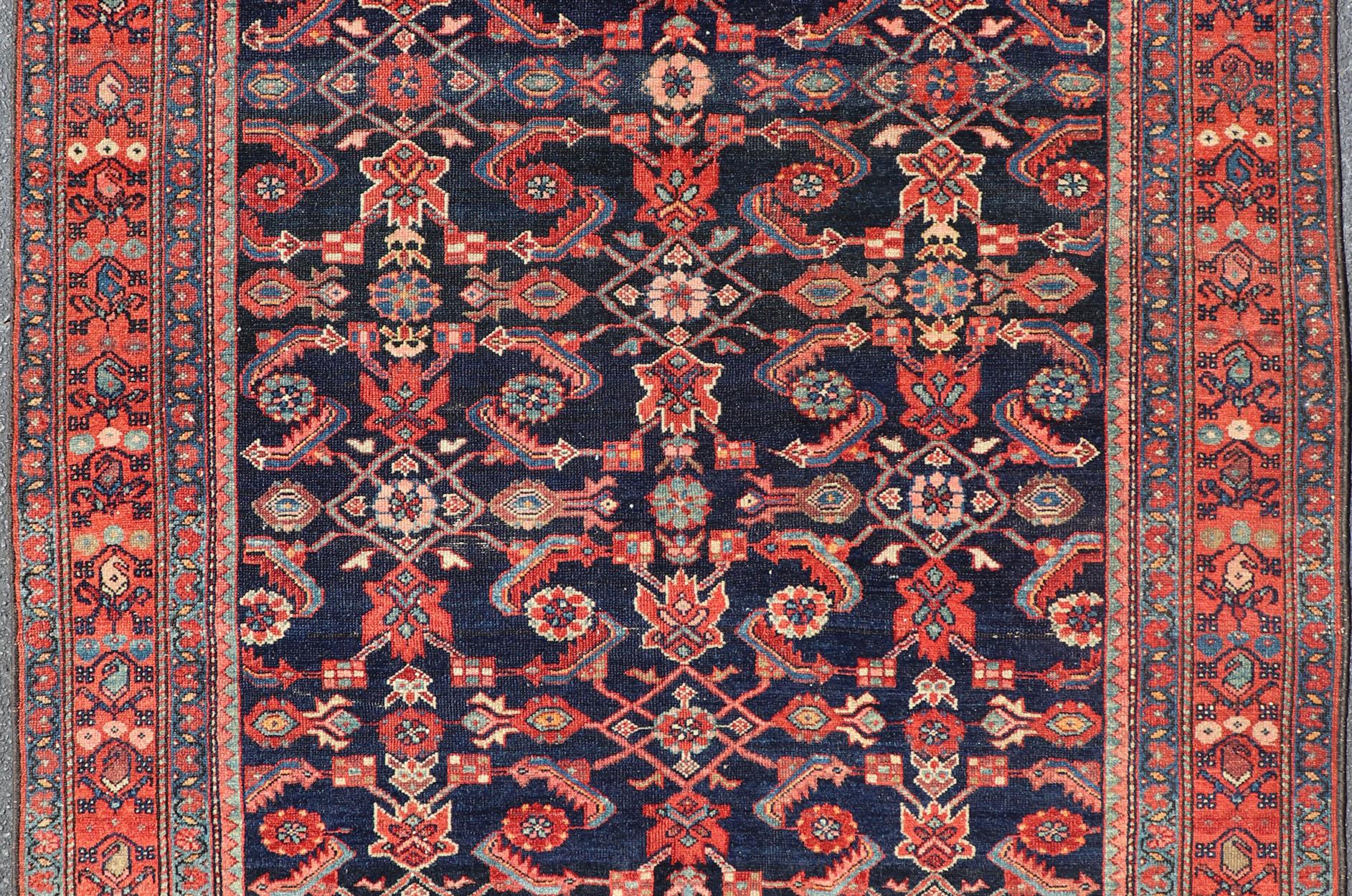 Hand-Knotted Antique Persian Malayer Rug with Colorful Geometric All-Over Design in Dark Blue For Sale
