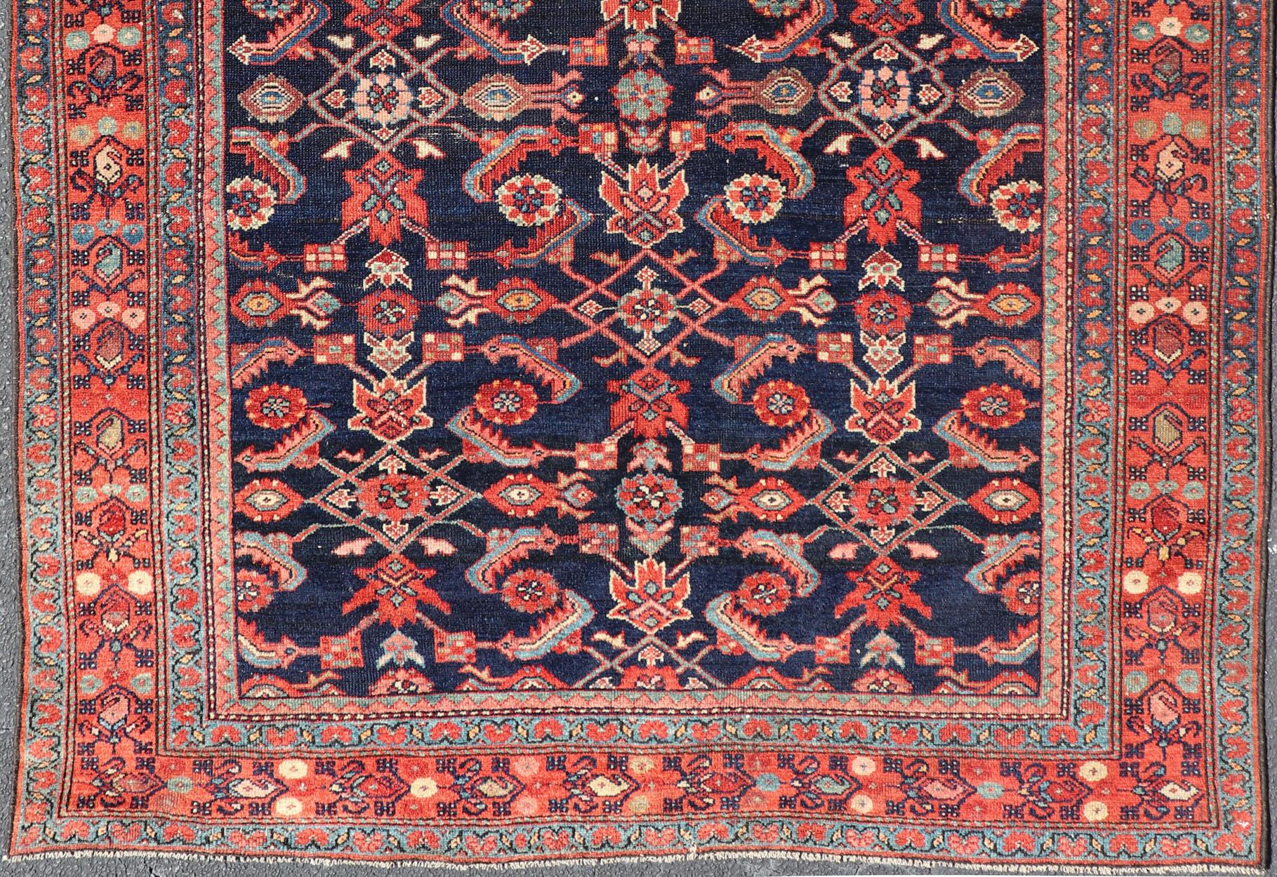 Antique Persian Malayer Rug with Colorful Geometric All-Over Design in Dark Blue In Excellent Condition For Sale In Atlanta, GA