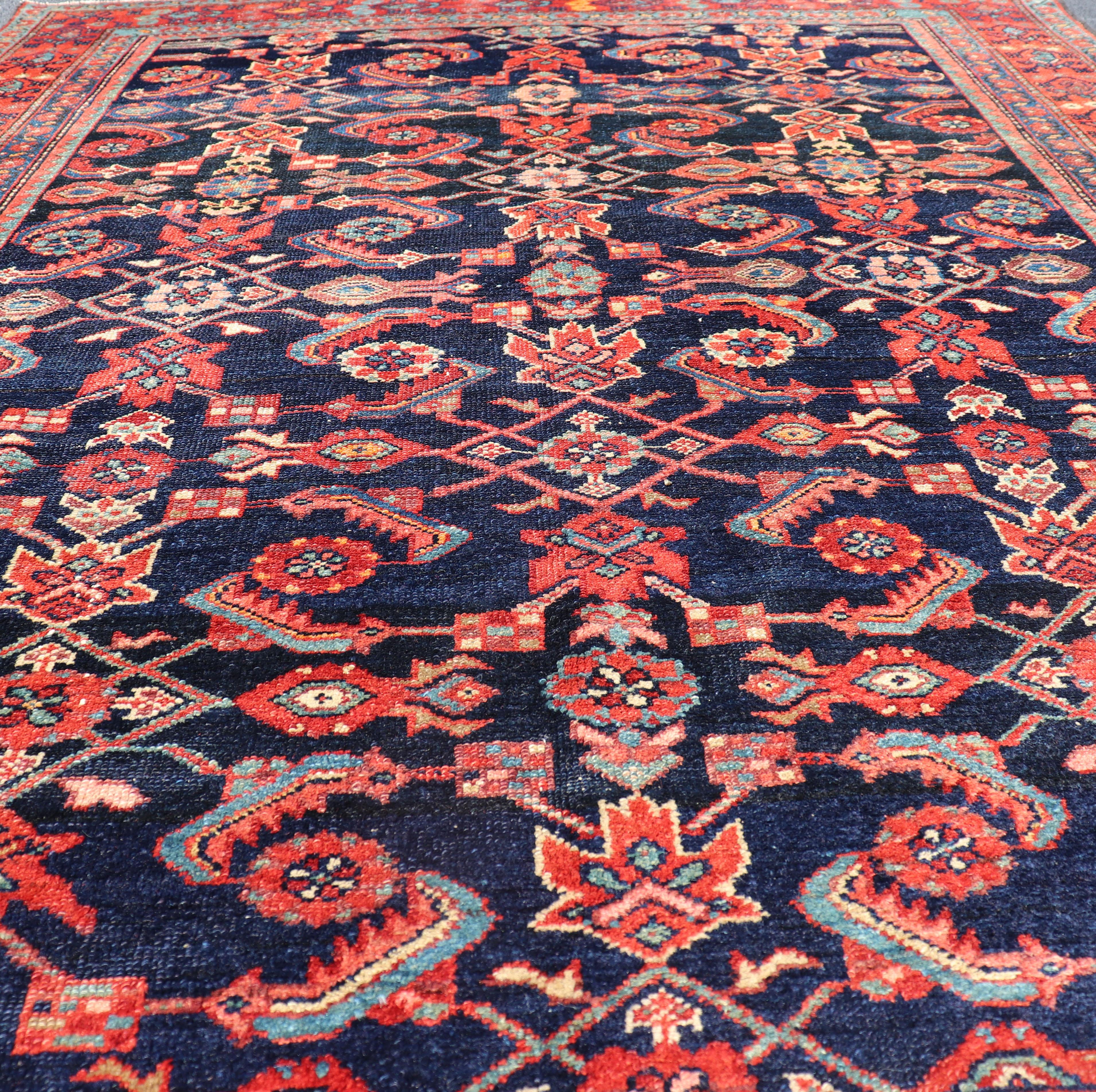 Antique Persian Malayer Rug with Colorful Geometric All-Over Design in Dark Blue For Sale 3