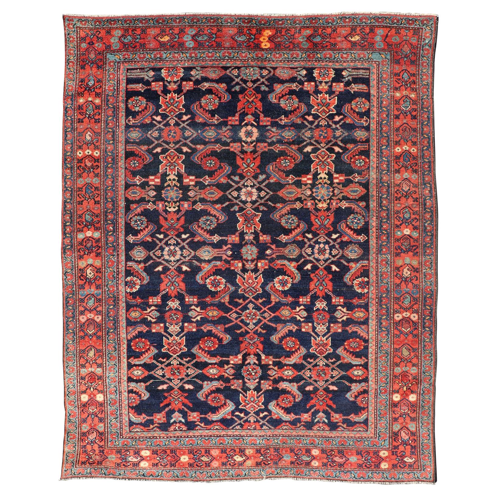 Antique Persian Malayer Rug with Colorful Geometric All-Over Design in Dark Blue For Sale