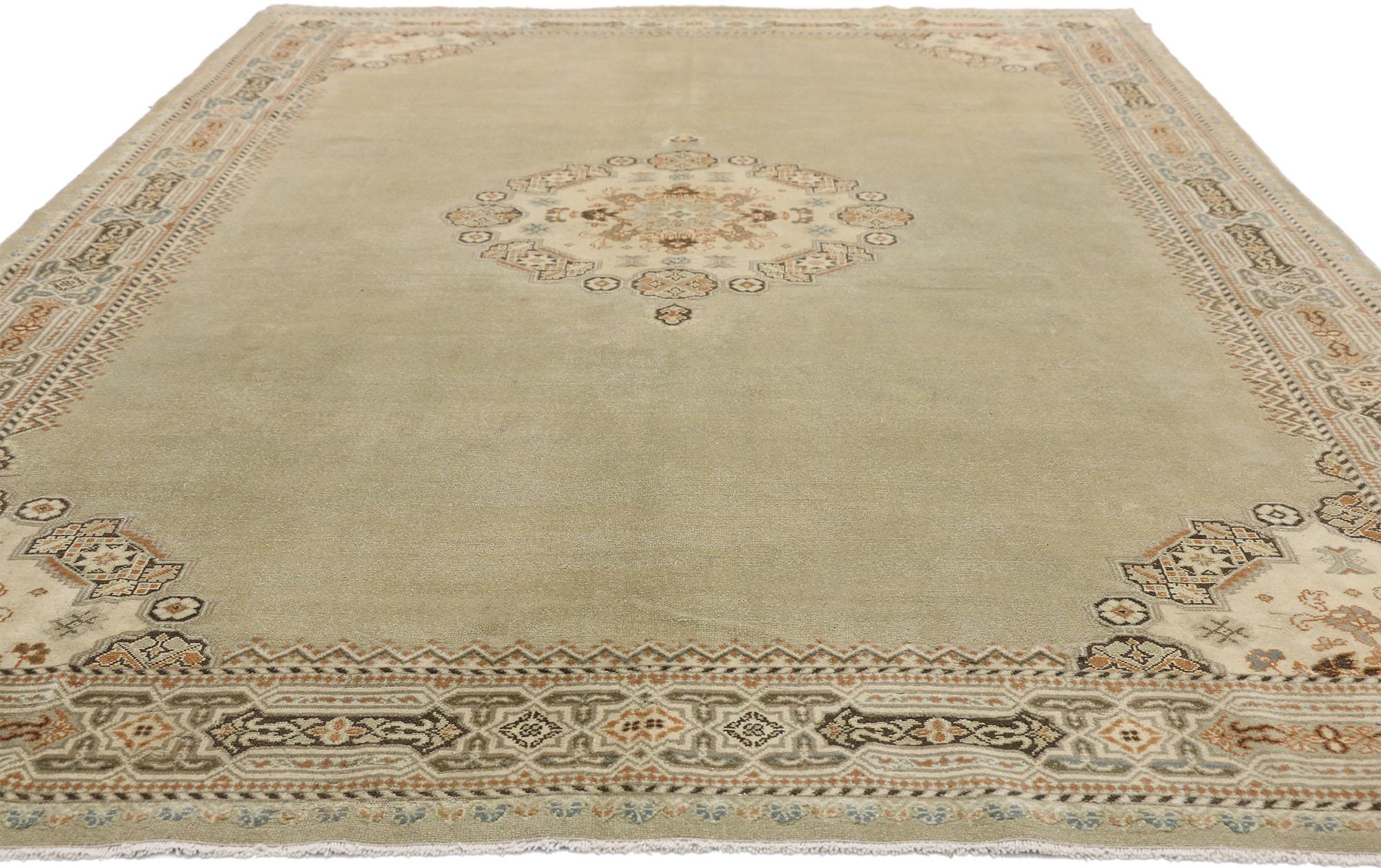 52495 Distressed Antique Persian Malayer Rug with Eclectic Parisian and Arts & Crafts Style. This hand knotted wool distressed antique Persian Malayer rug showcases an eclectic Parisian and Arts & Crafts style. A round medallion composed of a small