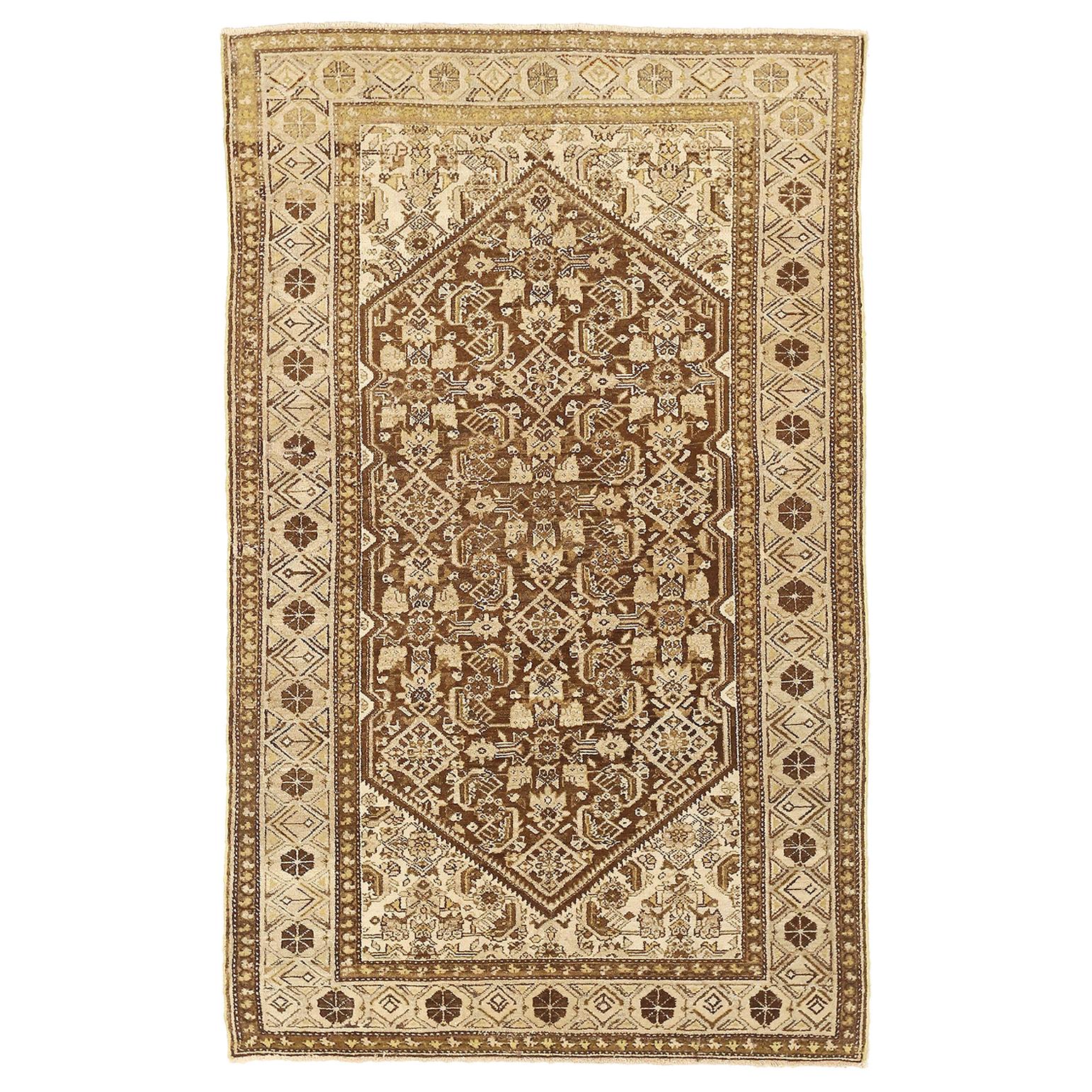 Antique Persian Malayer Rug with Floral and Geometric Details in Brown and Beige For Sale