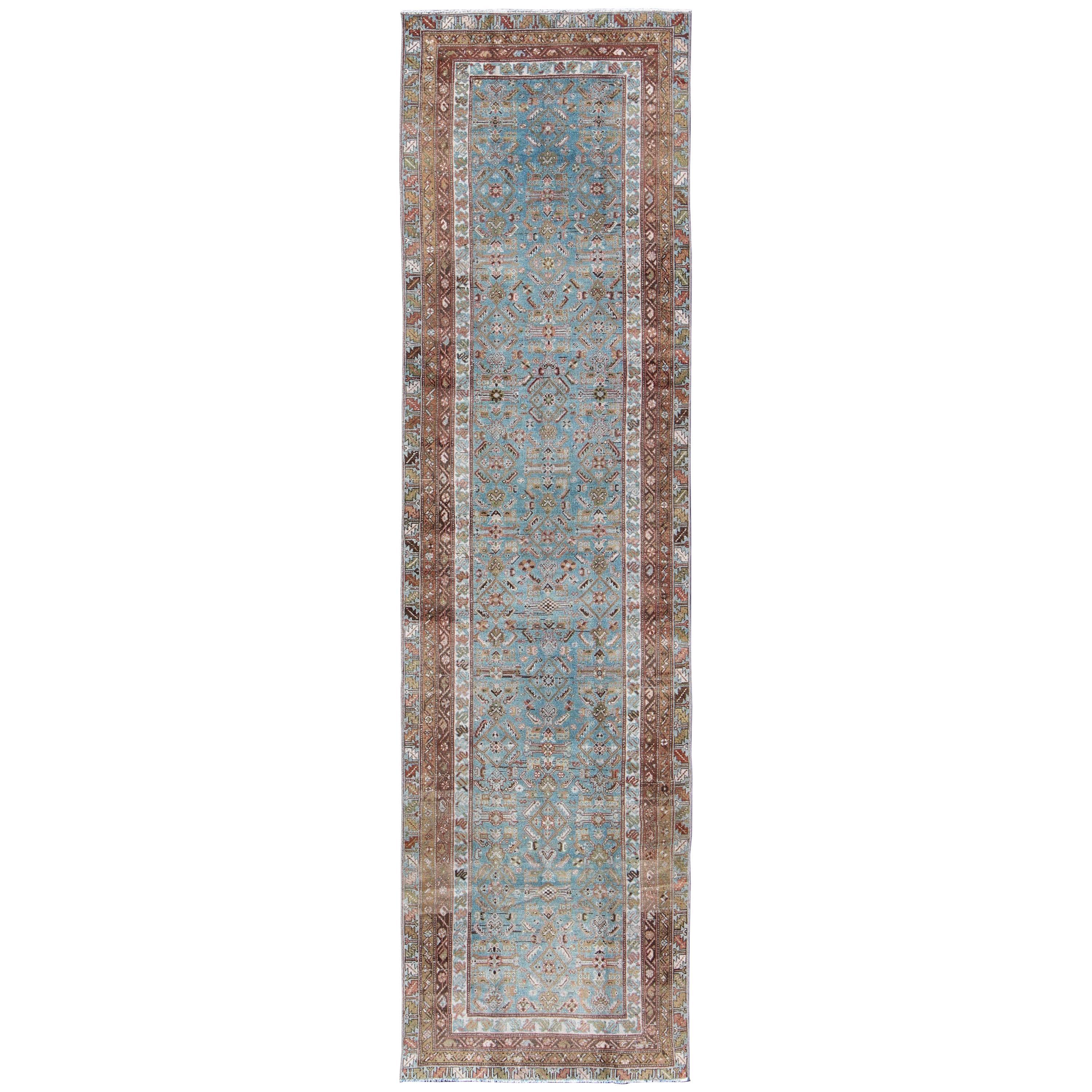 Antigua alfombra persa Malayer con diseño floral en tonos azules y marrones