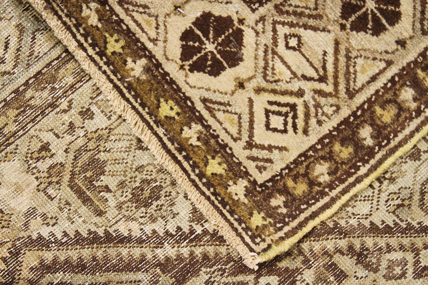 Hand-Woven Antique Persian Malayer Rug with Floral and Geometric Details in Brown and Beige For Sale
