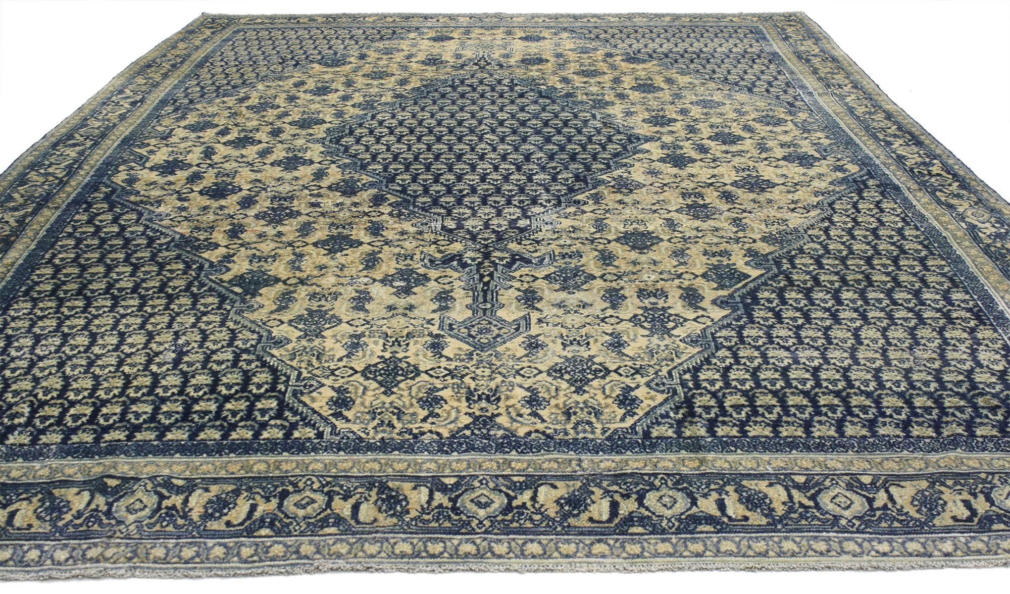 52260 antique Persian Malayer rug with French Country Style. Embodying refined relaxation with an artful balance between warm and inviting, this hand knotted wool antique Persian Malayer rug features features a French Country style. Recalling the