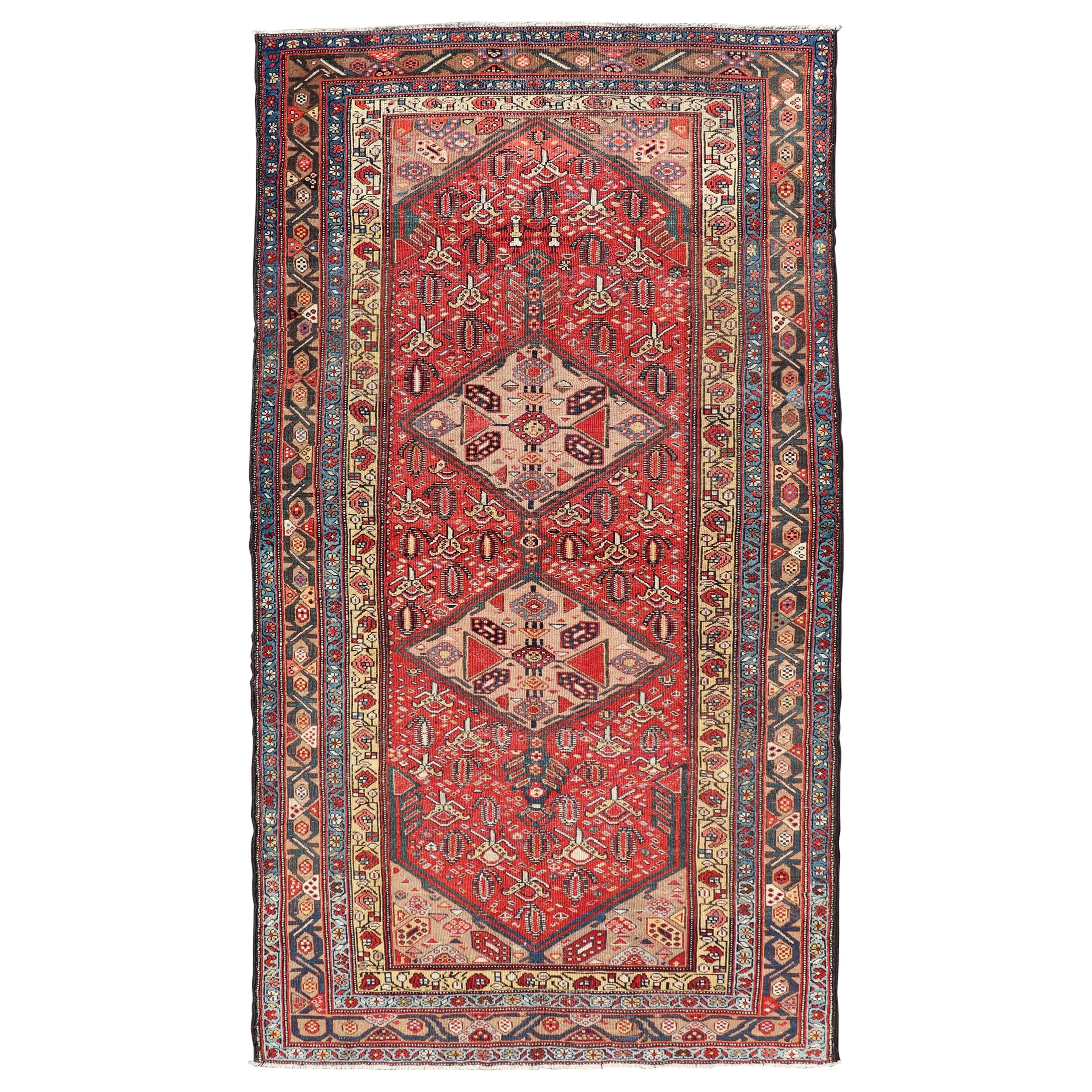 Antique Persian Malayer Rug with Geometric Medallions in Red and Blue 4
10 x 9
0