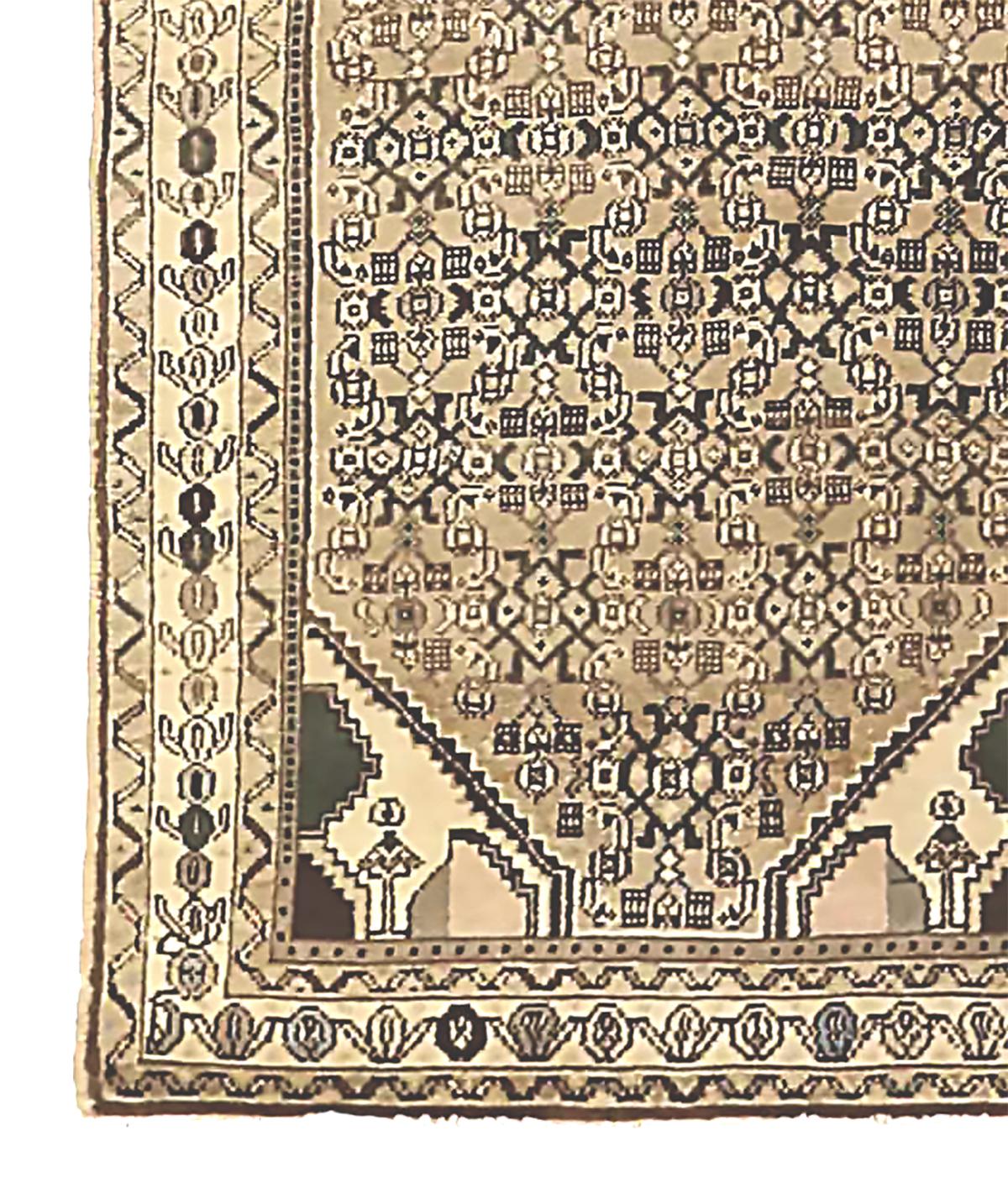 Hand-Woven Antique Persian Malayer Rug with Geometric Medallions on Brown/Ivory Field For Sale