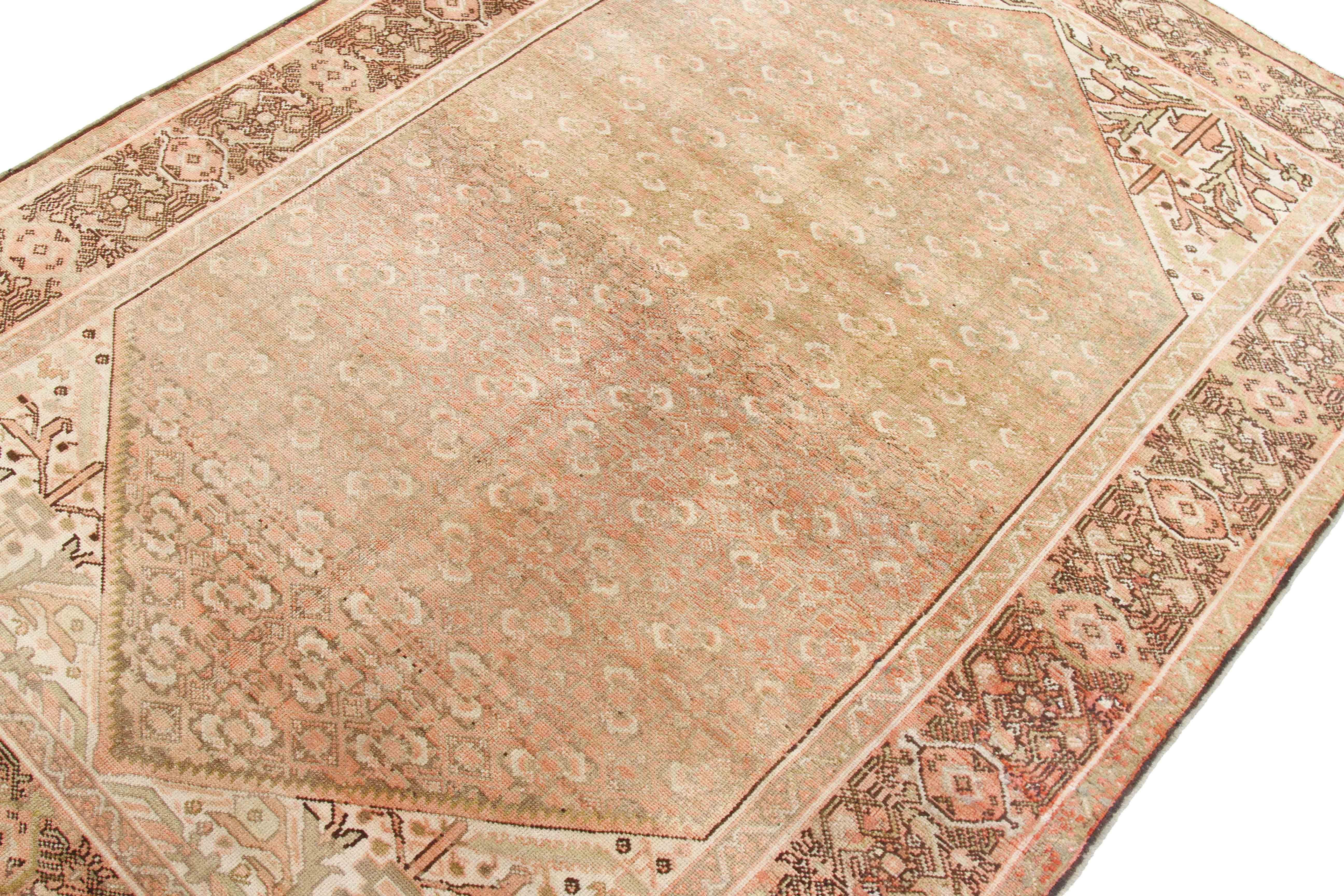 Hand-Woven Antique Persian Malayer Rug with Green and Pink Botanical Details on Beige Field For Sale