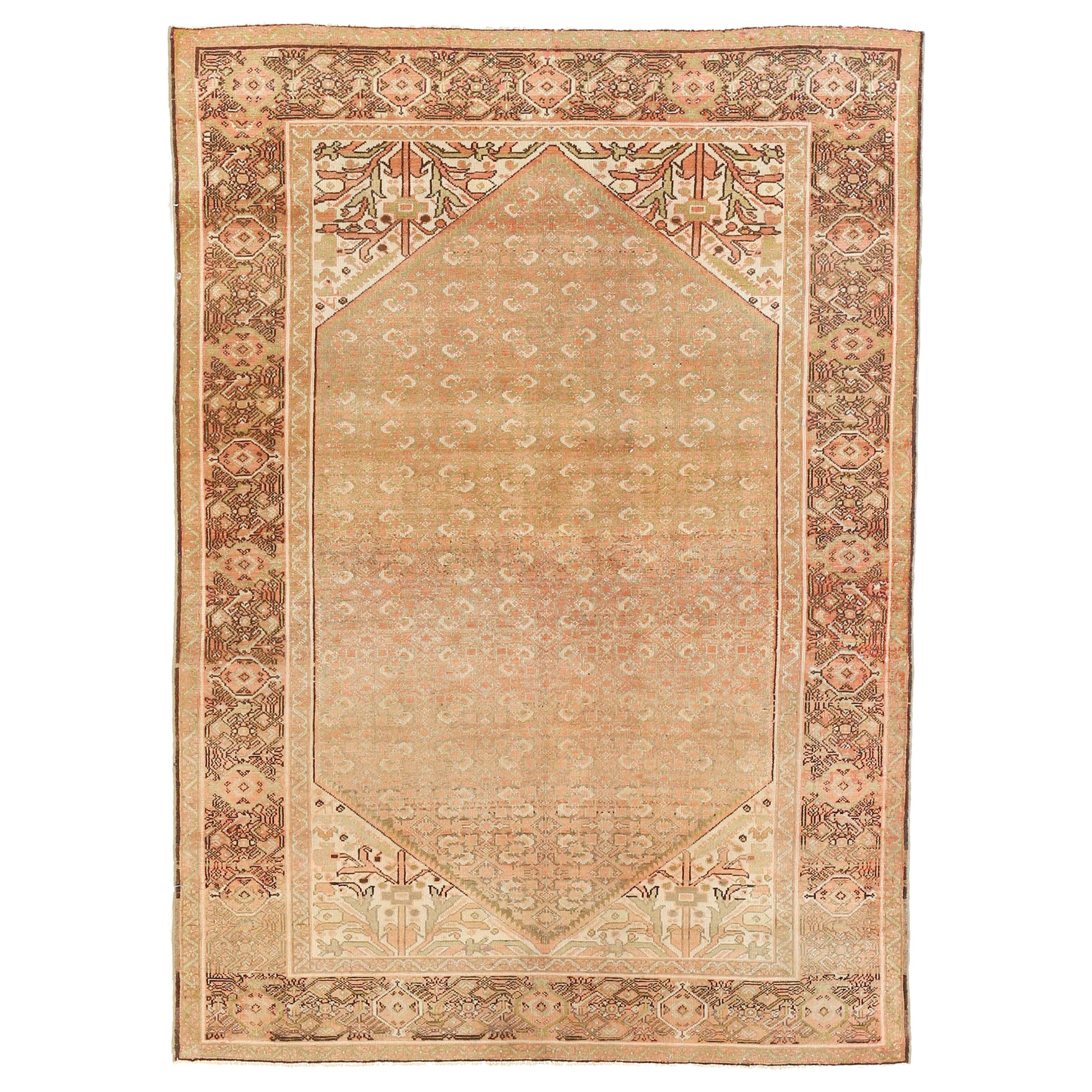 Antique Persian Malayer Rug with Green and Pink Botanical Details on Beige Field For Sale