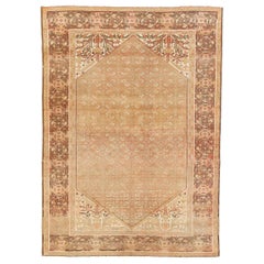 Antique Persian Malayer Rug with Green and Pink Botanical Details on Beige Field