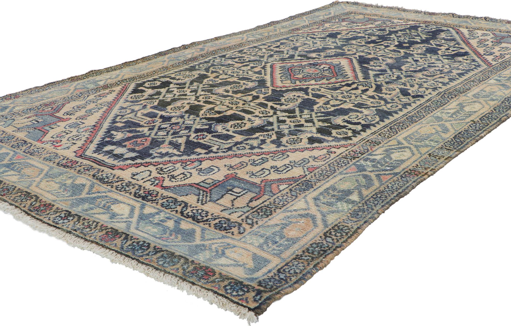 61087 Antique Persian Malayer Rug, 04'00 x 07'01. Steeped in tribal tradition and time-honored craftsmanship, this hand knotted wool antique Persian Malayer rug embodies a harmonious balance of bold design and refined elegance. Its deep charcoal and
