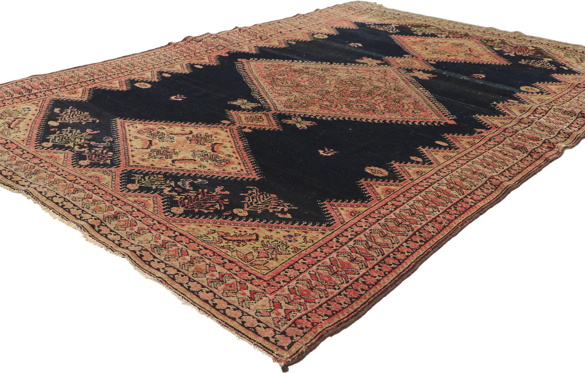 78518 Antiker persischer Malayer-Teppich, 04'01 x 06'03. Dieser handgeknüpfte antike persische Malayer-Teppich aus Wolle besticht durch seinen zeitlosen Stil und seine unglaubliche Detailtreue und Textur und ist eine fesselnde Vision gewebter