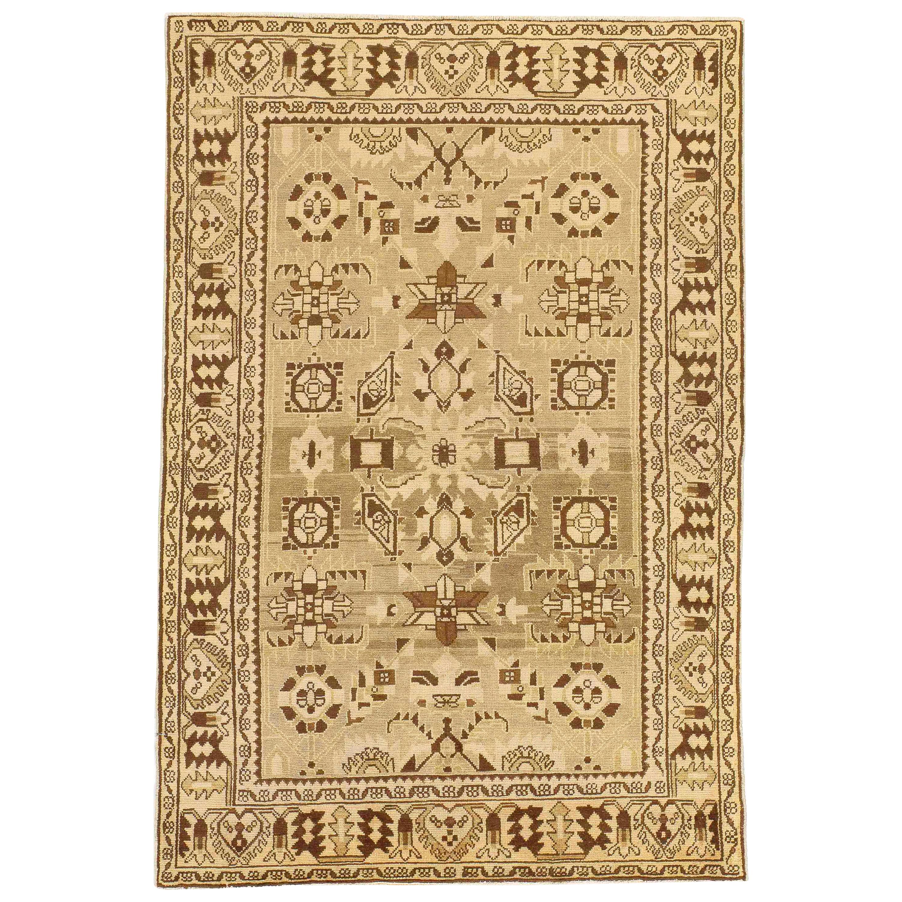 Antique Persian Malayer Rug with Ivory and Brown Tribal Details