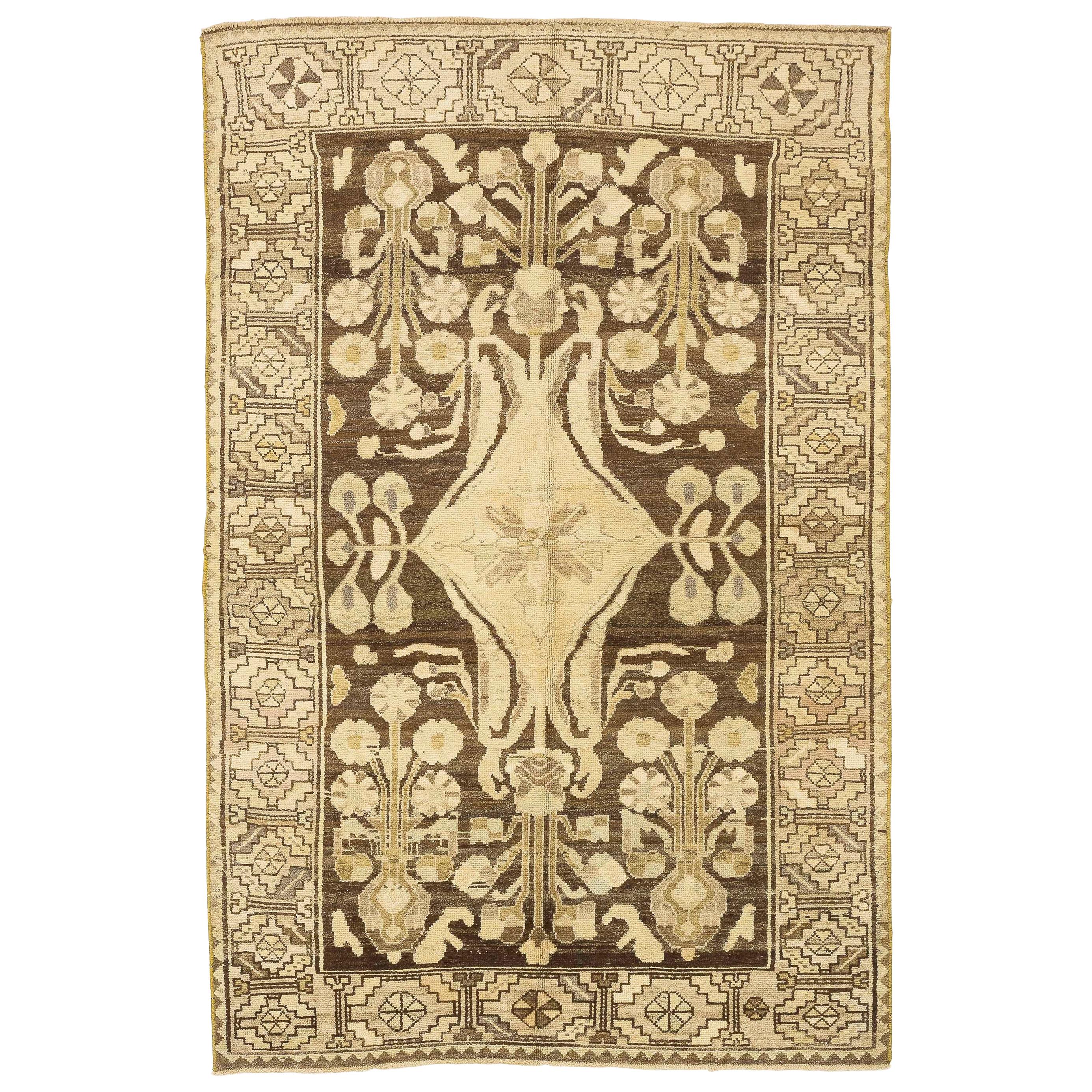 Antique Persian Malayer Rug with Ivory & Beige Botanical Details on Brown Field For Sale