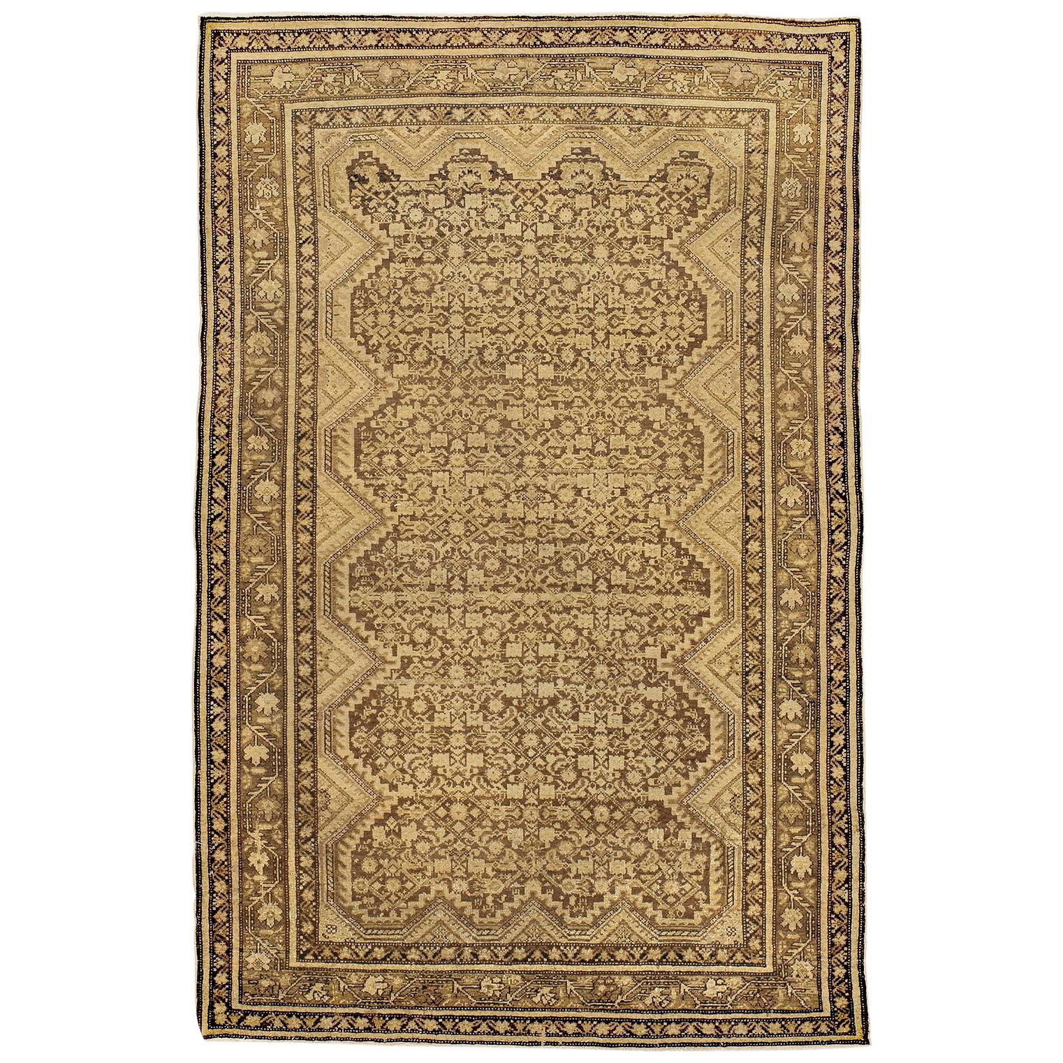 Antique Persian Malayer Rug with Ivory & Beige Botanical Details on Brown Field